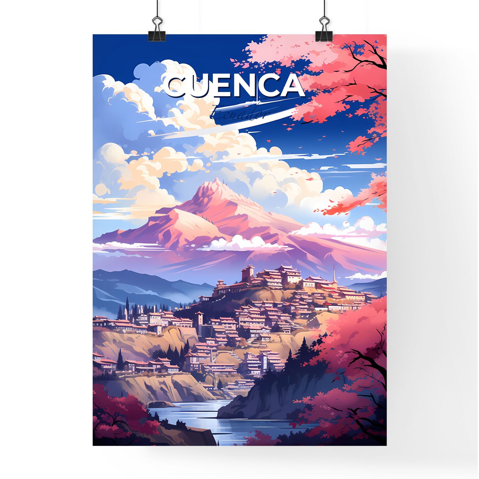 Vibrant Painting of Cuenca Ecuador Skyline Featuring Mountains Trees Landscape Default Title