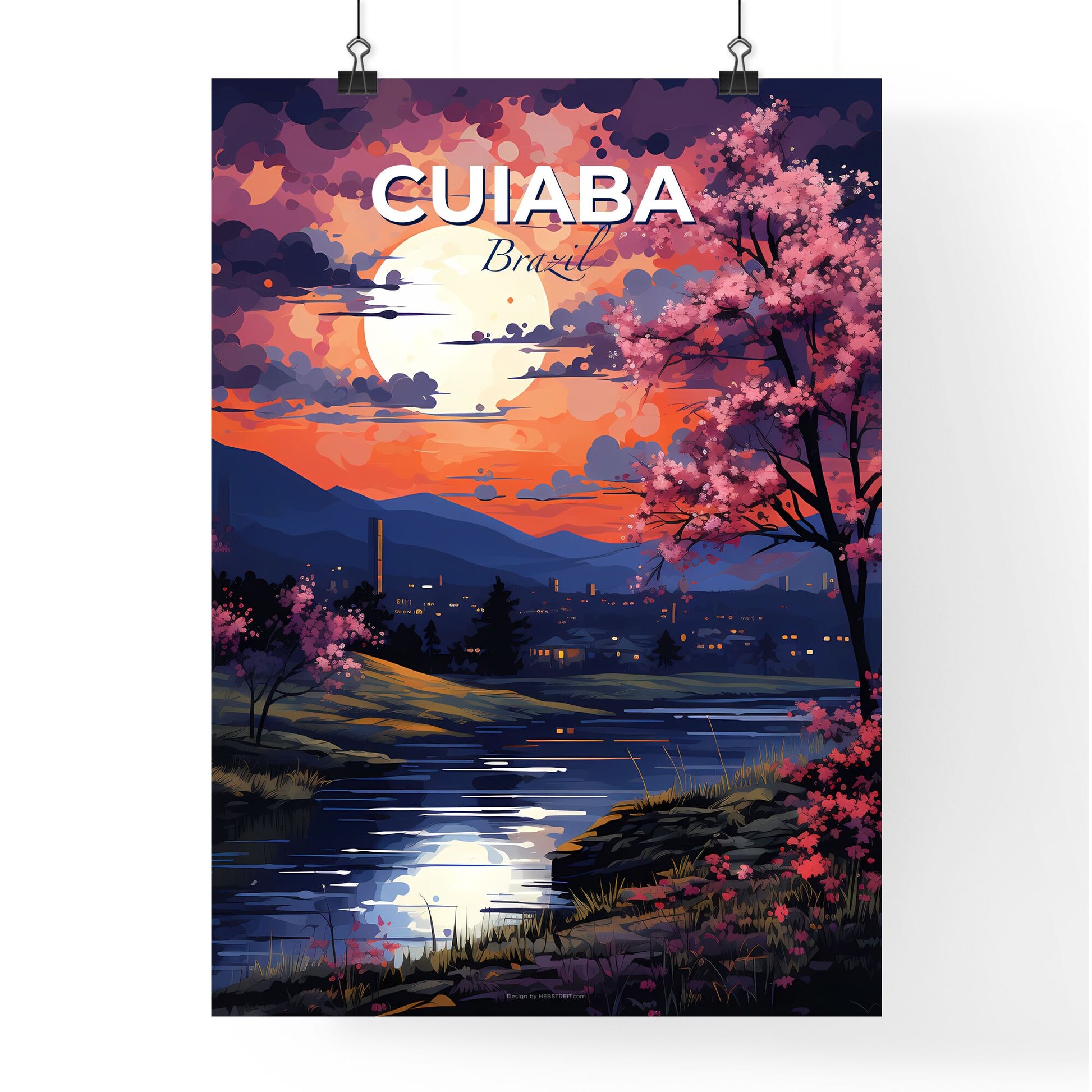 Riverbank Tree Painting Cuiaba Brazil Skyline Moonlight Tropical Nature Scenery Default Title