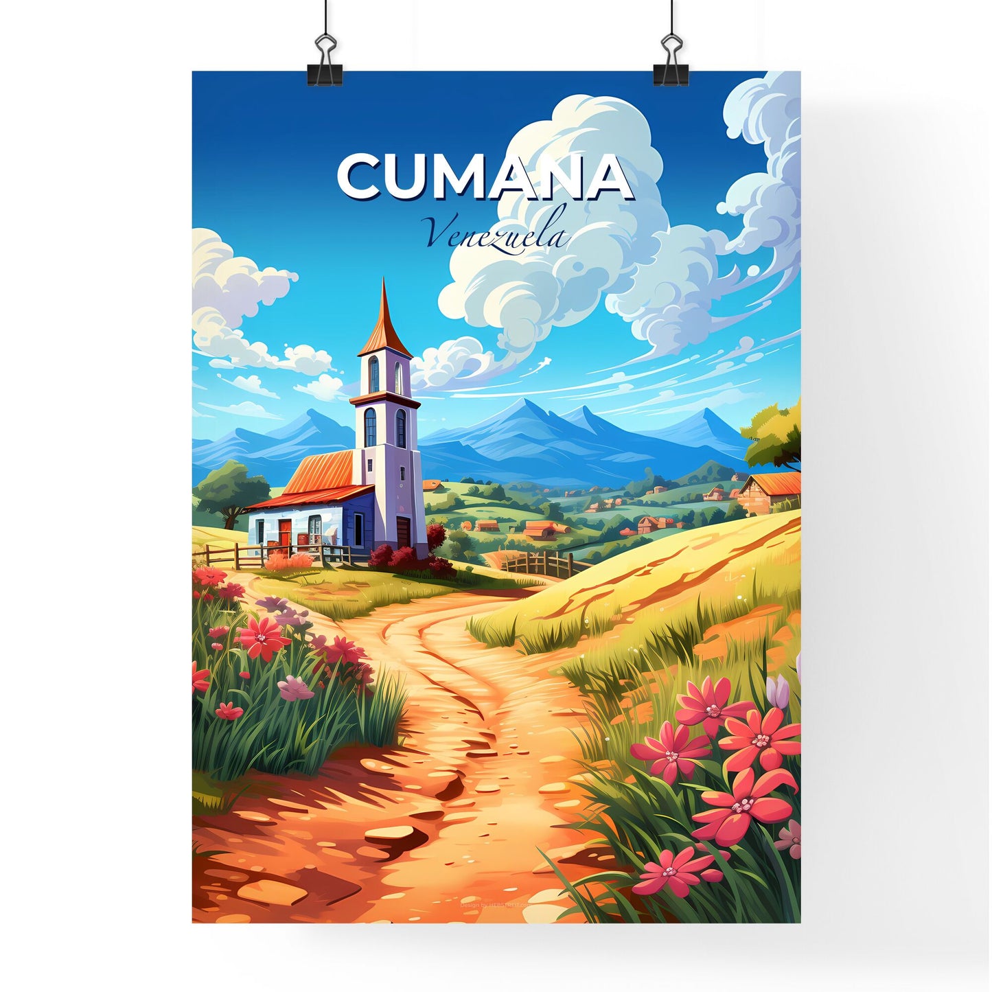 Vibrant Venezuelan Skyline Art of Cumana Church Landscape with Dirt Road Default Title