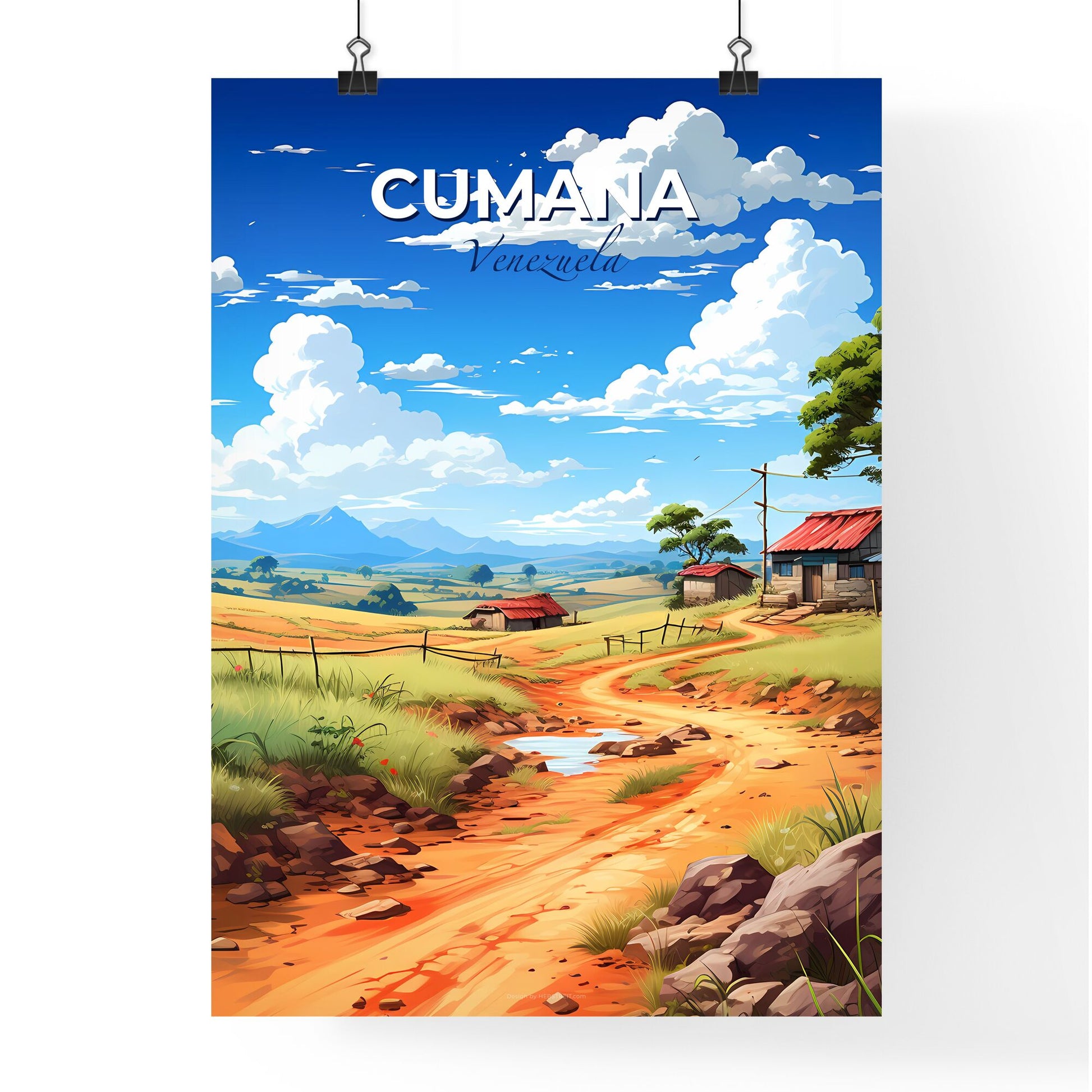 Vibrant and Artistic Cumana Venezuela Skyline Painting Featuring a Scenic Village Dirt Road Default Title