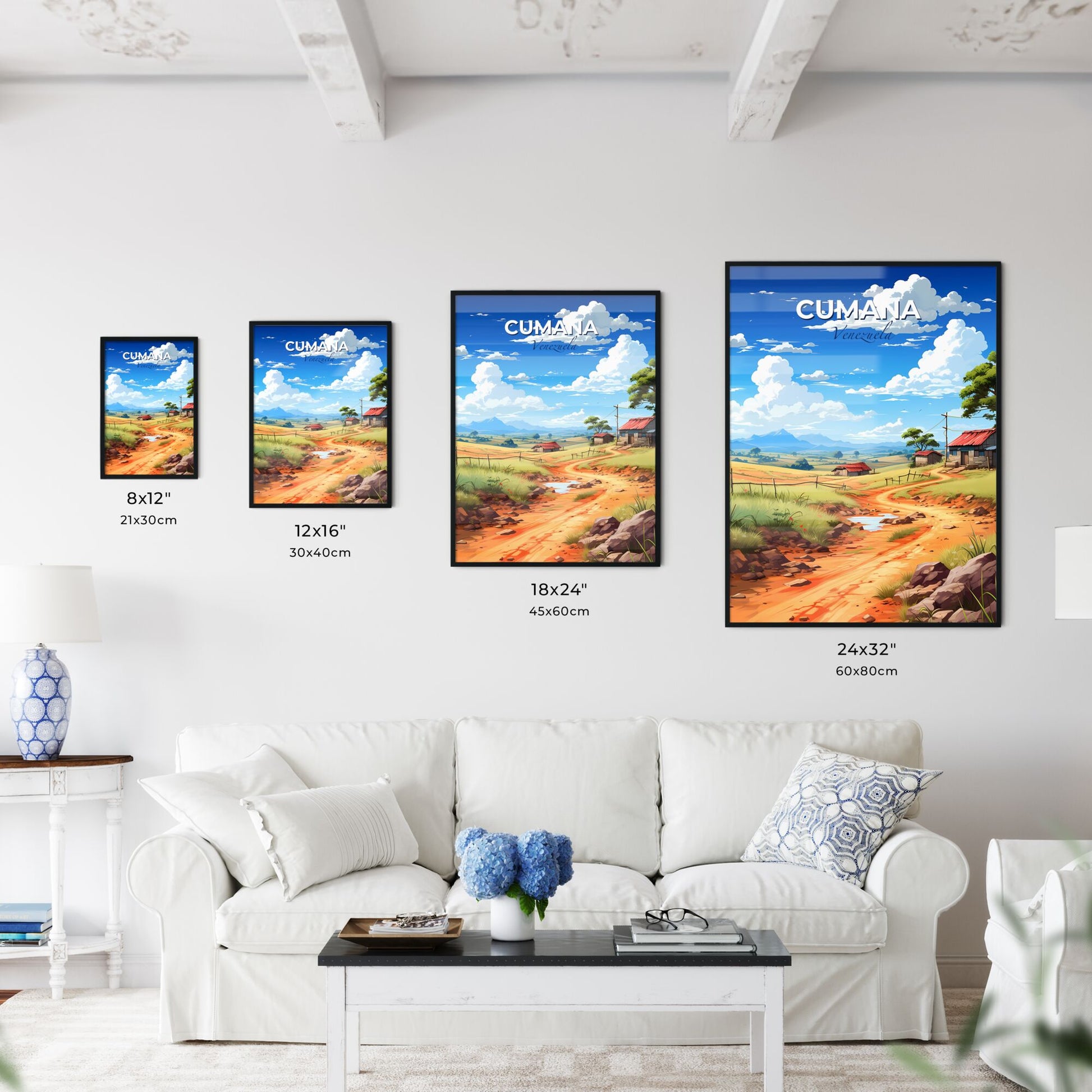 Vibrant and Artistic Cumana Venezuela Skyline Painting Featuring a Scenic Village Dirt Road Default Title