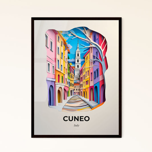 Vivid Cuneo, Italy - a paper cut of a city street with a church steeple