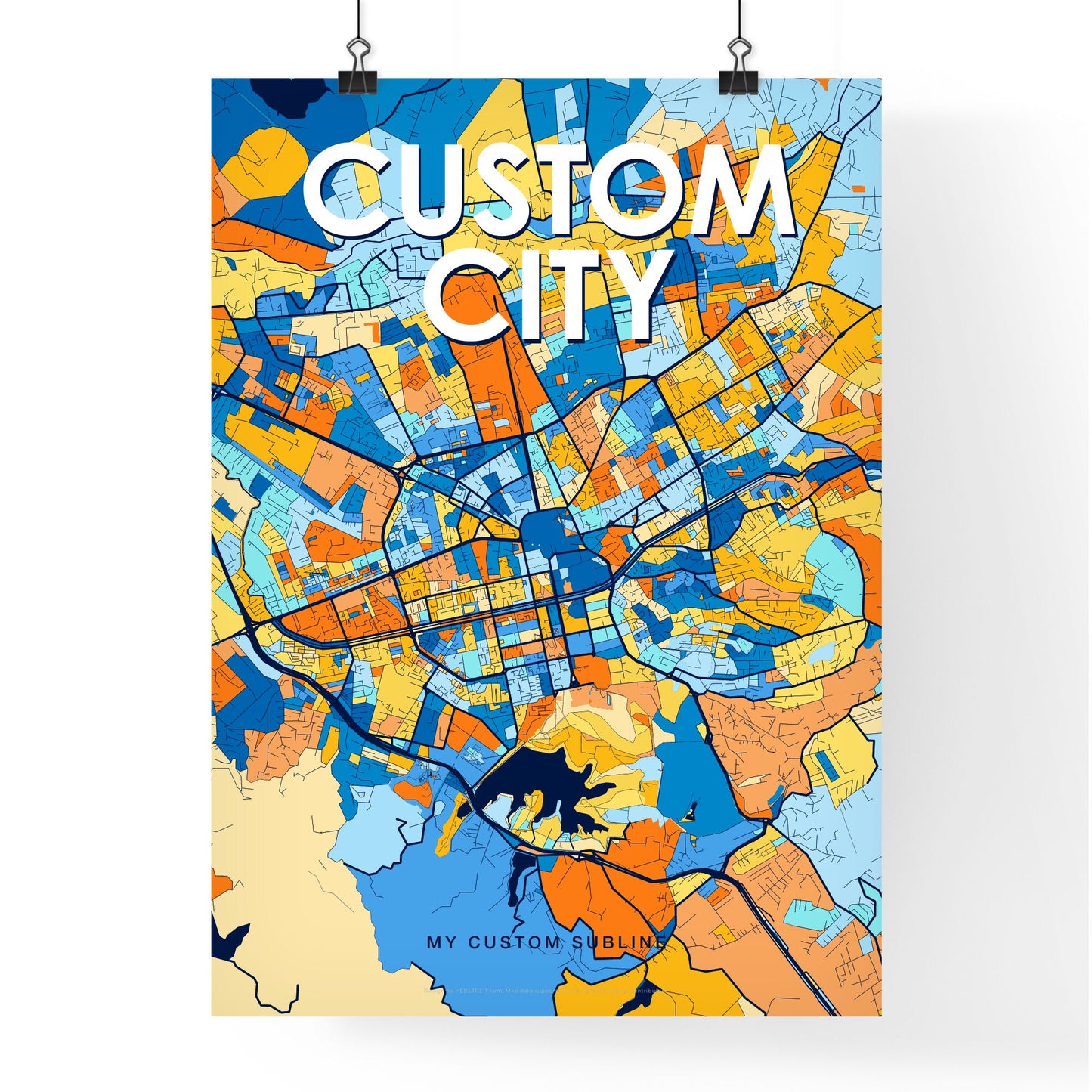 Custom VIBRANT BLUE ORANGE City Map - Design your own map poster now!