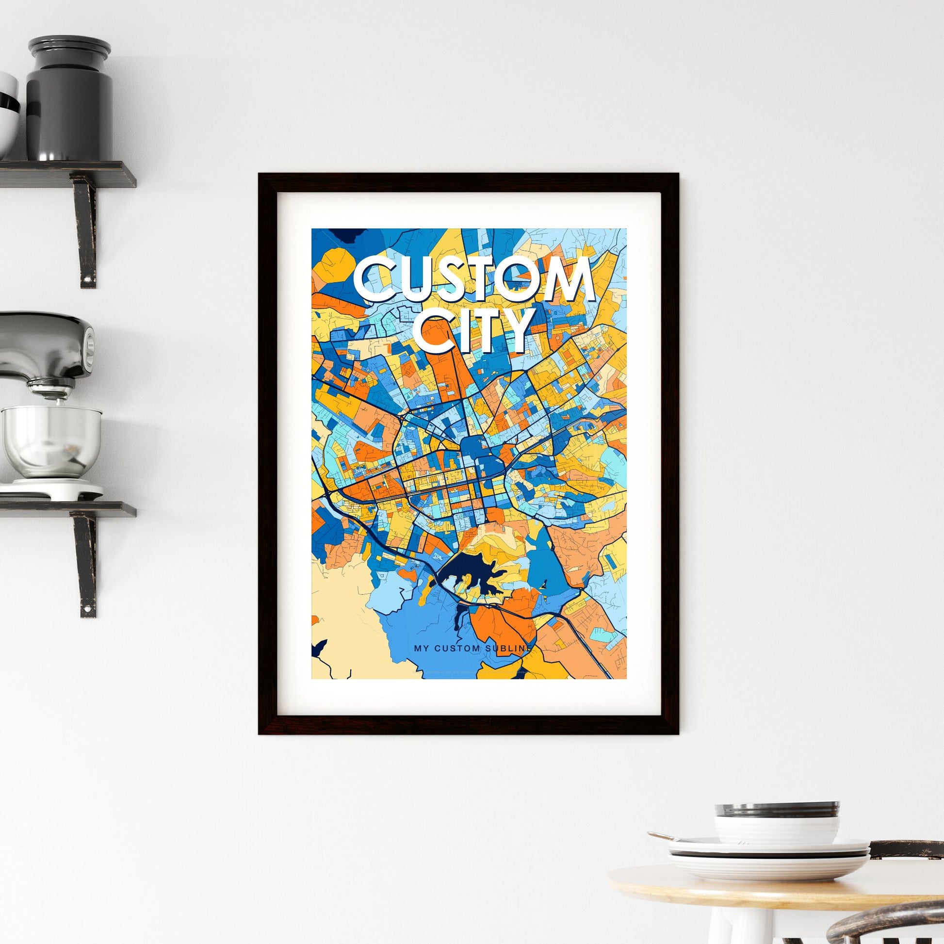 Custom VIBRANT BLUE ORANGE City Map - Design your own map poster now!