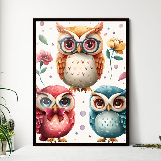 Whimsical Baby Owl Pattern: Cute pastel owls with flowers, glasses, and bows on white. High-res, colorful cartoon design for childrens wallpaper. Default Title