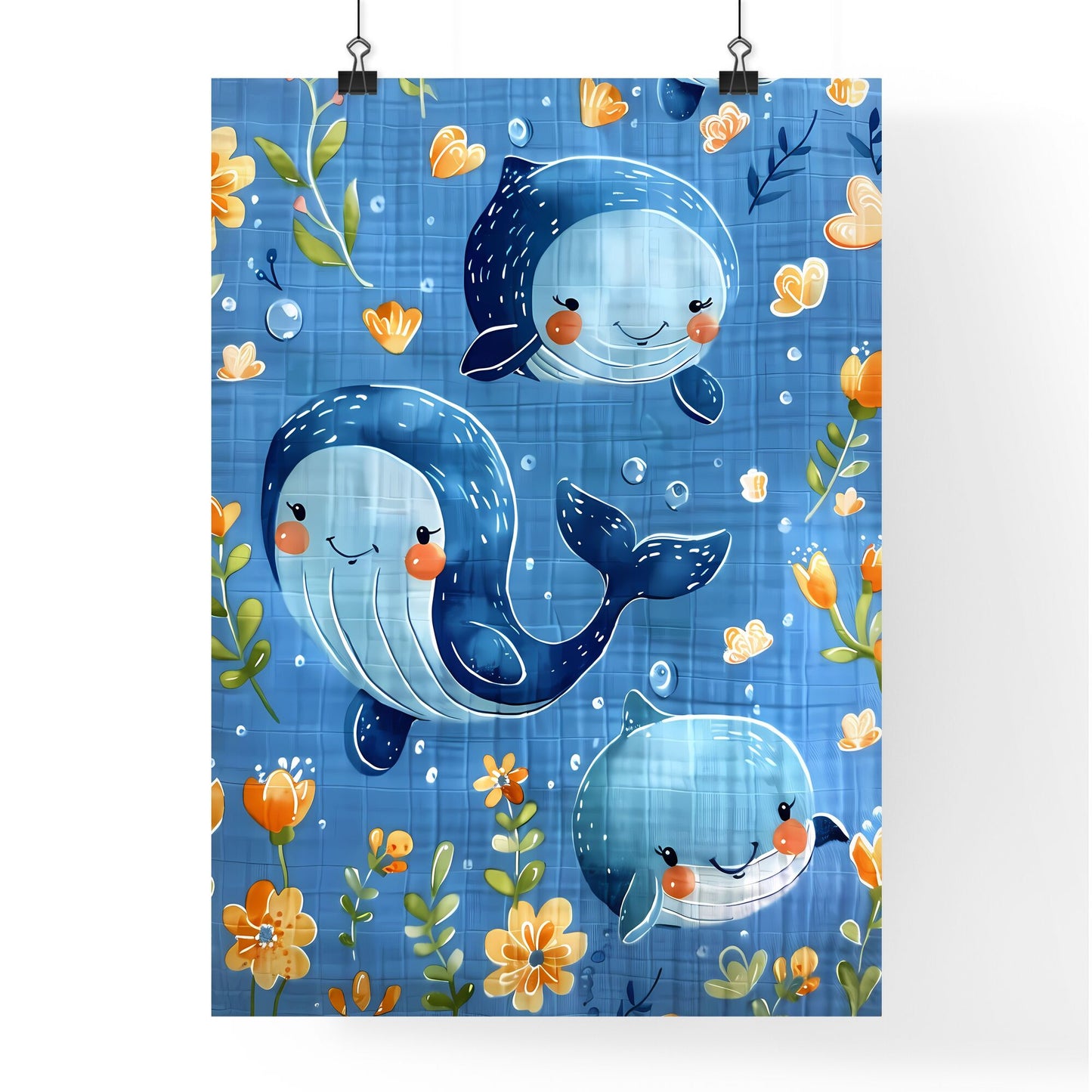 Artistic Ocean Nursery Fabric Pattern with Octopus and Whale Motifs in Blue and White Default Title