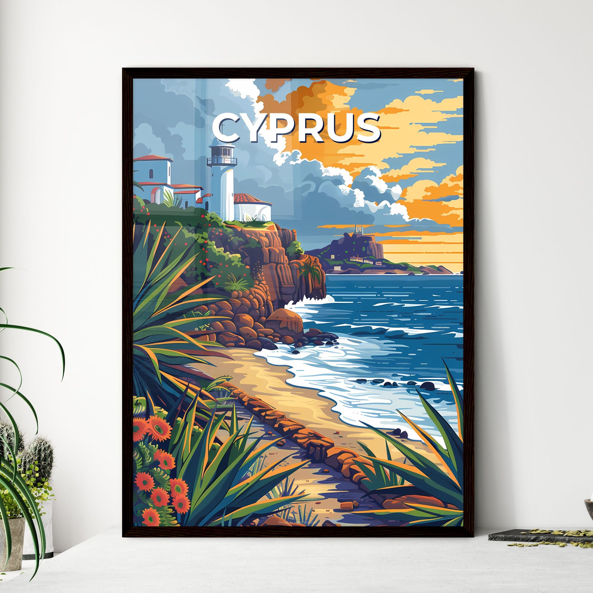 Cyprus Europe Beach Lighthouse Rocky Shore Painting Art Photo