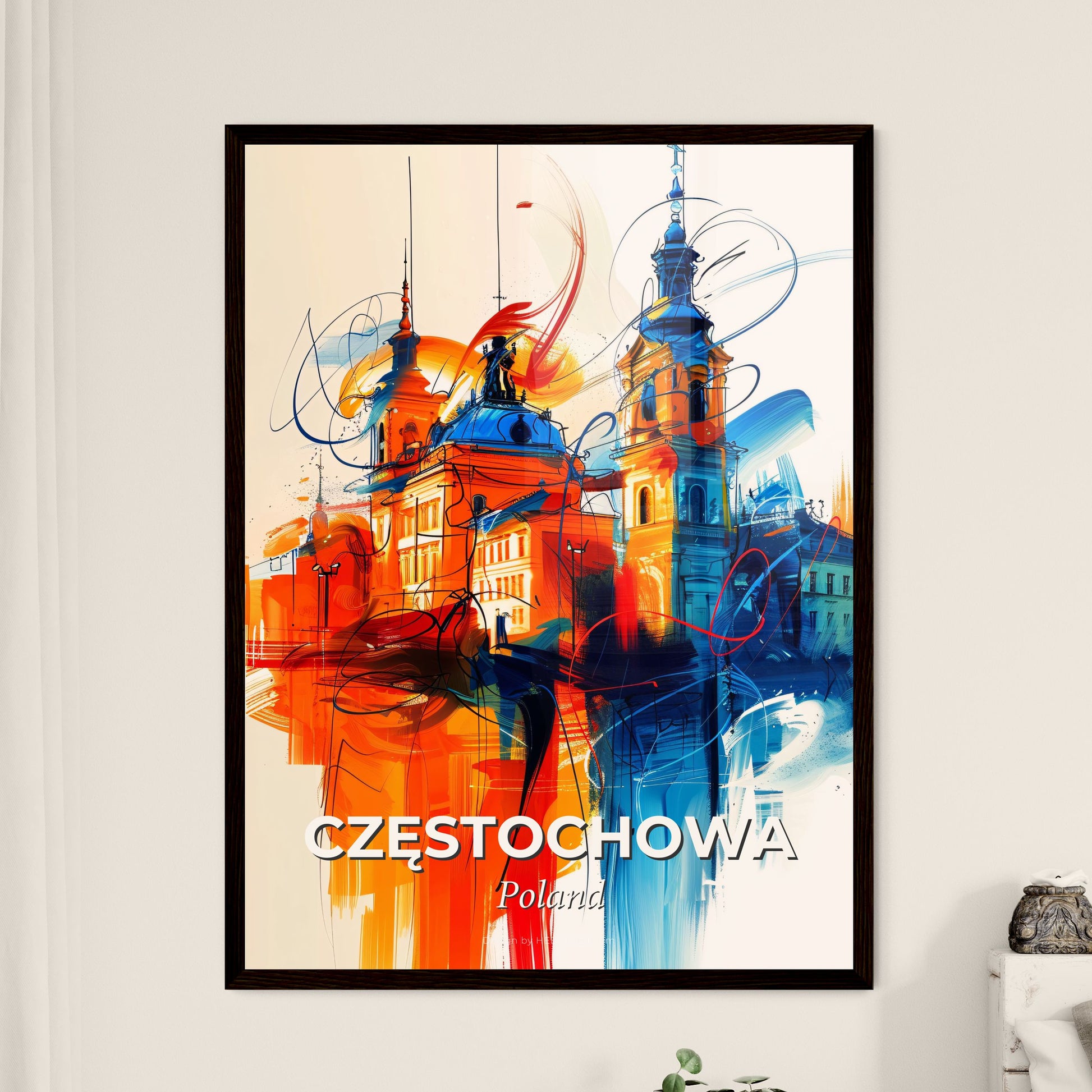 Vibrant Częstochowa, Poland - A Painting Of Buildings With Colorful Paint Splashes