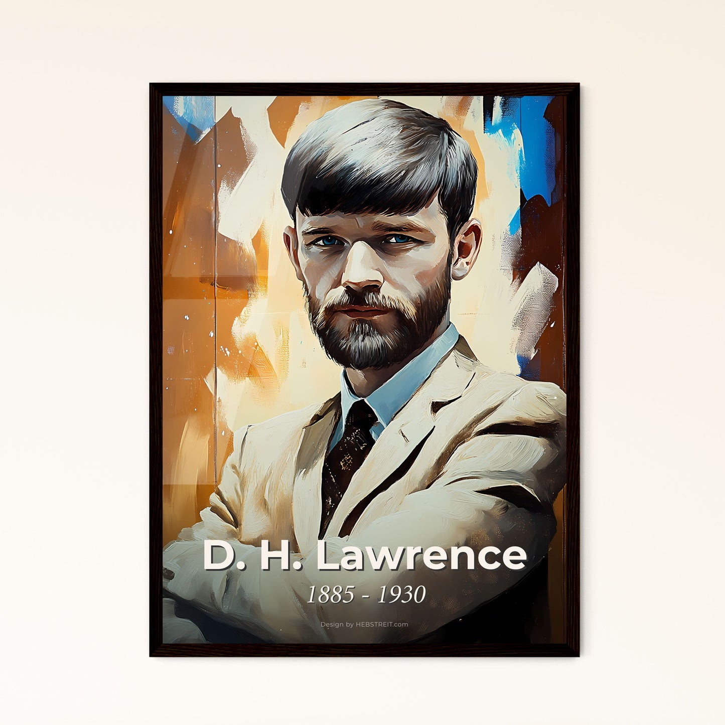 Portrait of D. H. Lawrence, 1885 - 1930. Impressionistic painting of a man with a beard and mustache wearing a suit and tie.