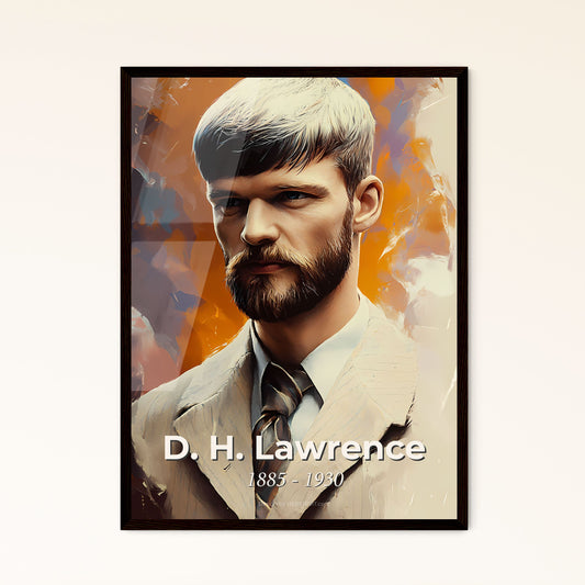 Portrait of D. H. Lawrence, 1885 - 1930. Impressionistic painting of a man with a beard and mustache wearing a suit.