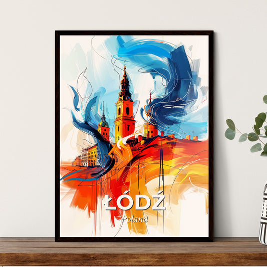 Vibrant Łódź, Poland - A Painting Of A Building With A Tower And A Colorful Background