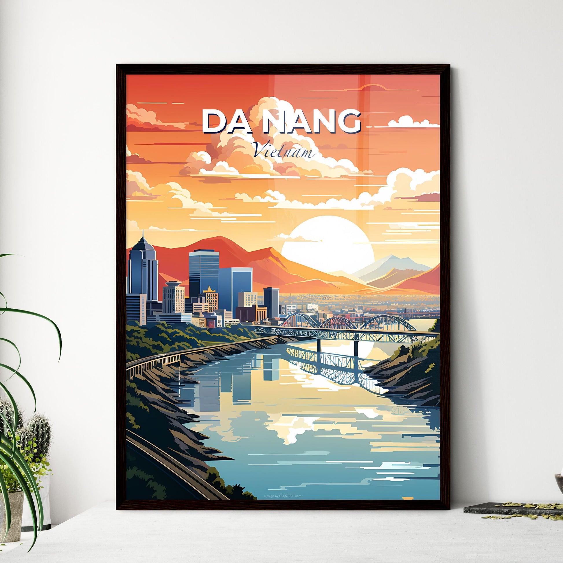 Vibrant Da Nang Vietnam Skyline Cityscape Painting with Bridge over River Default Title