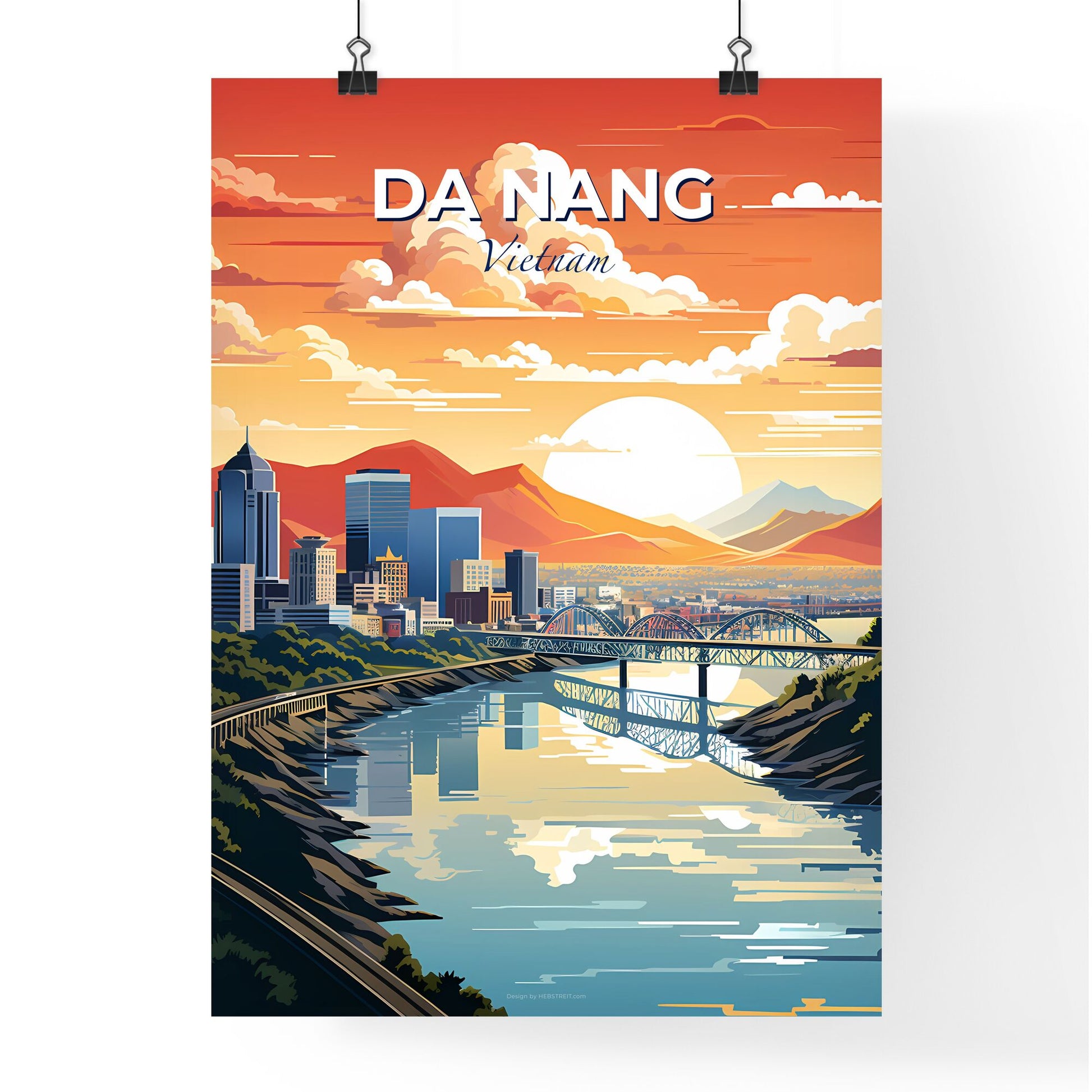 Vibrant Da Nang Vietnam Skyline Cityscape Painting with Bridge over River Default Title