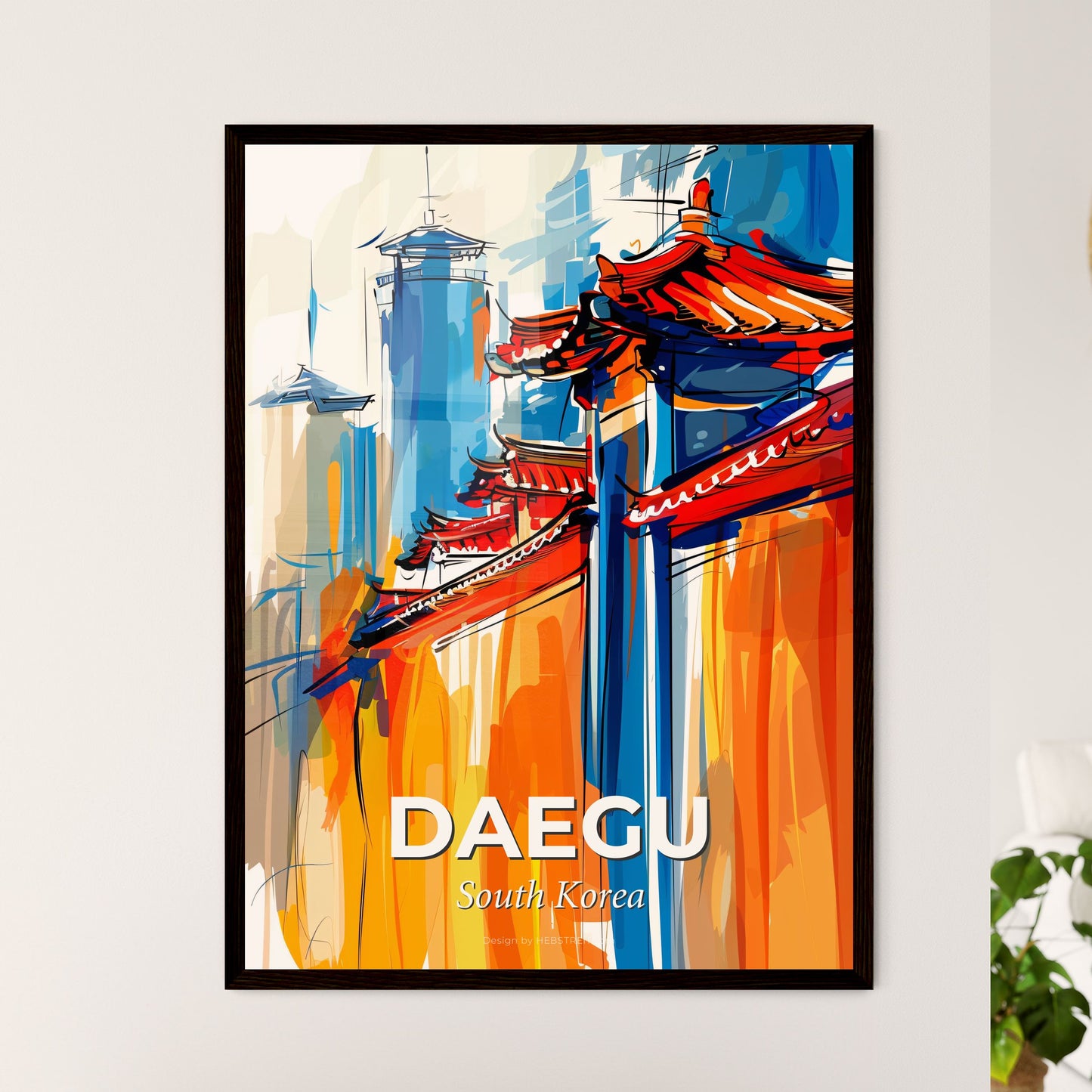 Vibrant Daegu, South Korea - A Painting Of A Building With Red And Blue Roofs