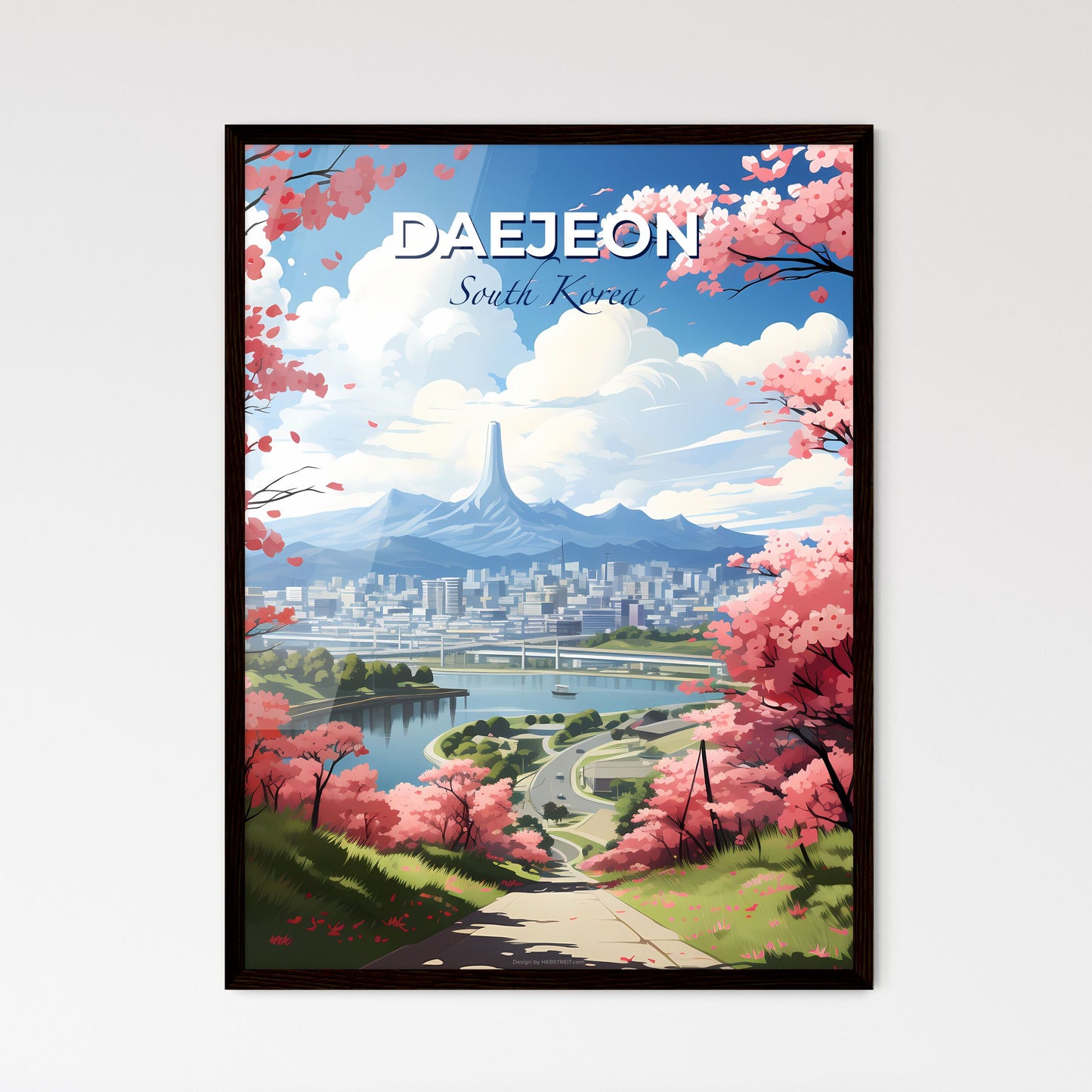 Vibrant Cityscape Painting: Daejeon Skyline, South Korea, River, Pink Trees, Artistic Landscape Default Title