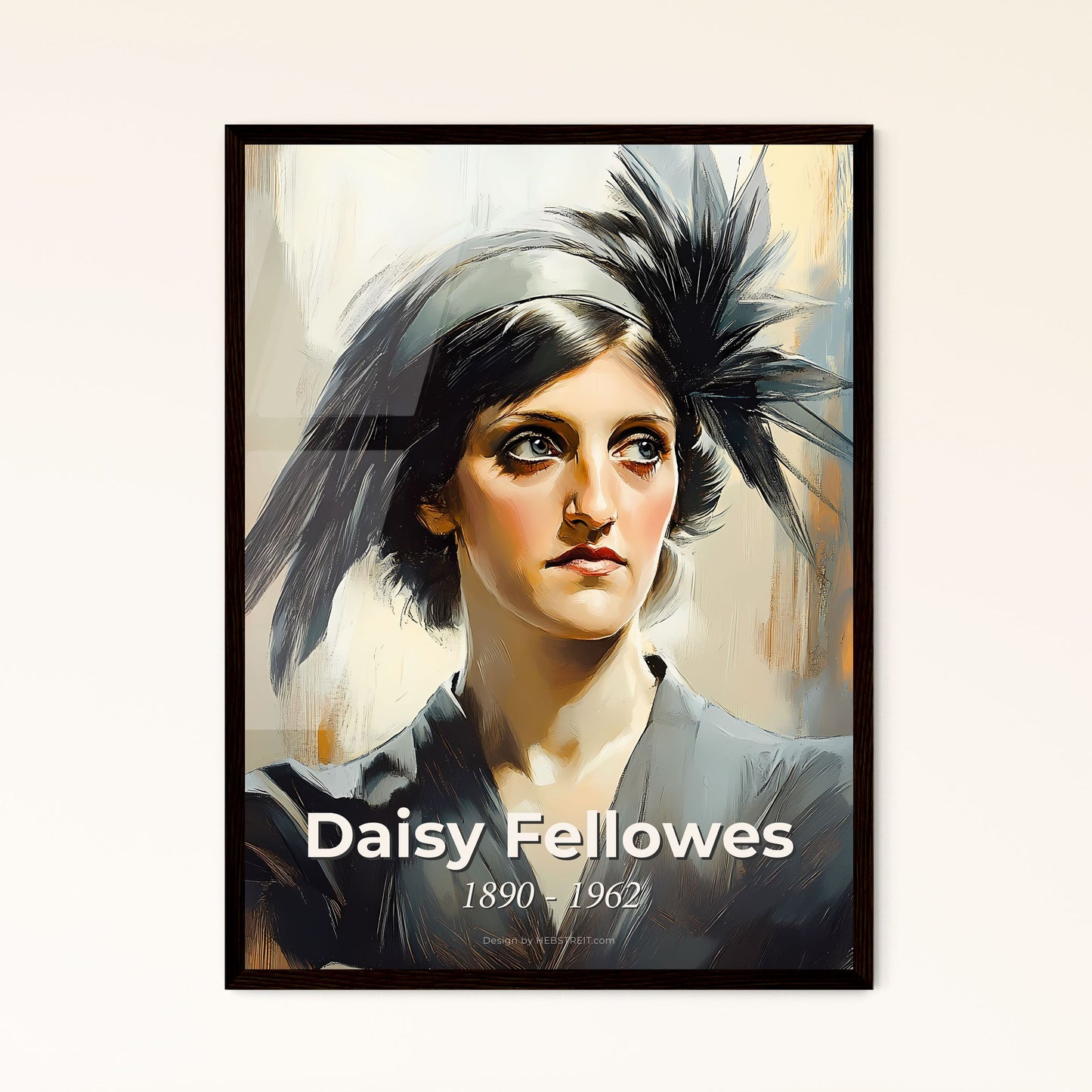 Portrait of Daisy Fellowes, 1890 - 1962. Impressionistic painting of a woman with feathered hair.