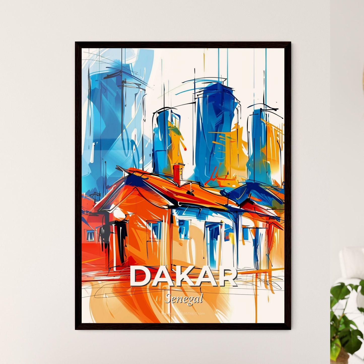 Vibrant Dakar, Senegal - A Painting Of A Building With Tall Buildings In The Background