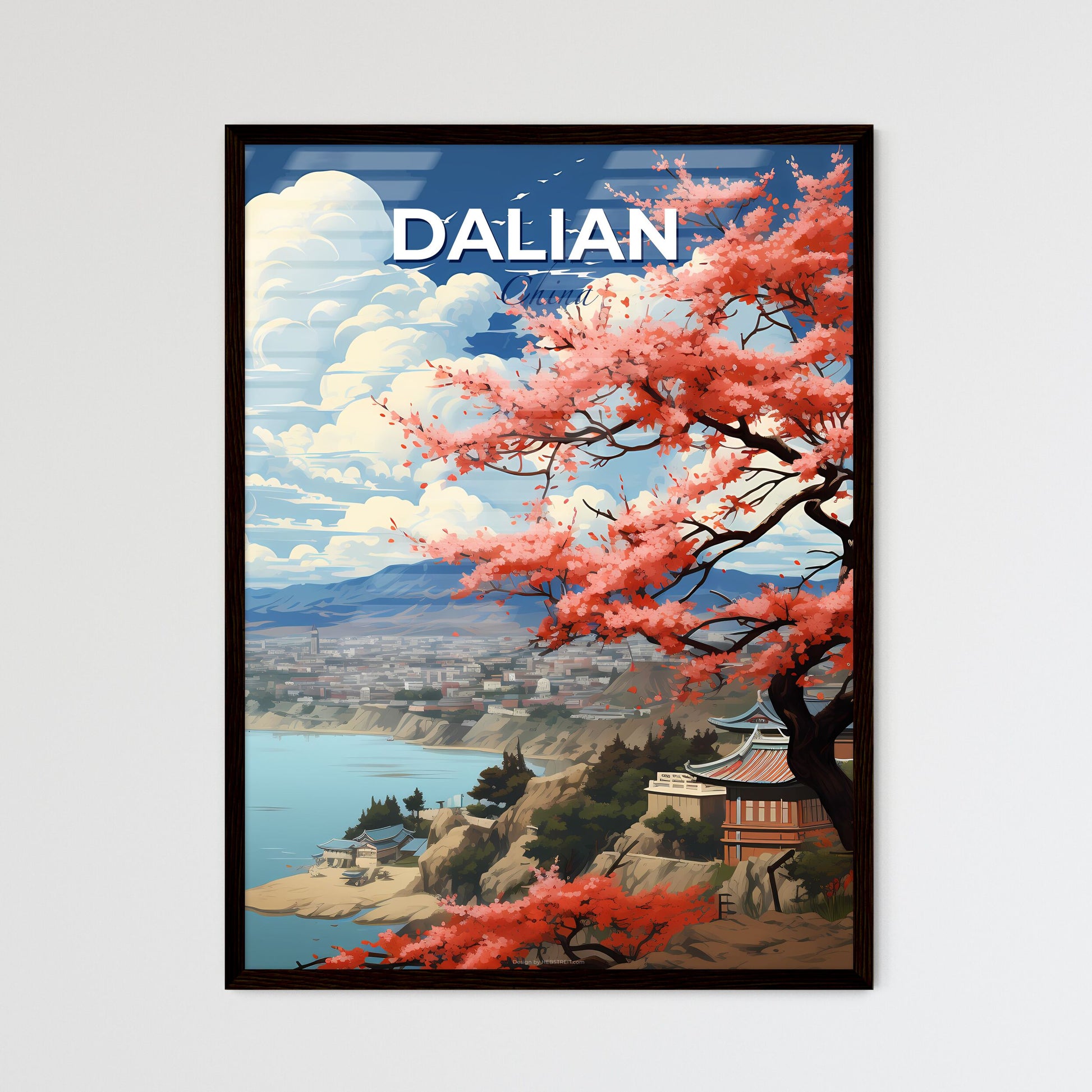 Dalian Cityscape Artistic Painting: Vibrant Skyline with Pink Blossoming Tree on Hillside Overlooking Water Default Title