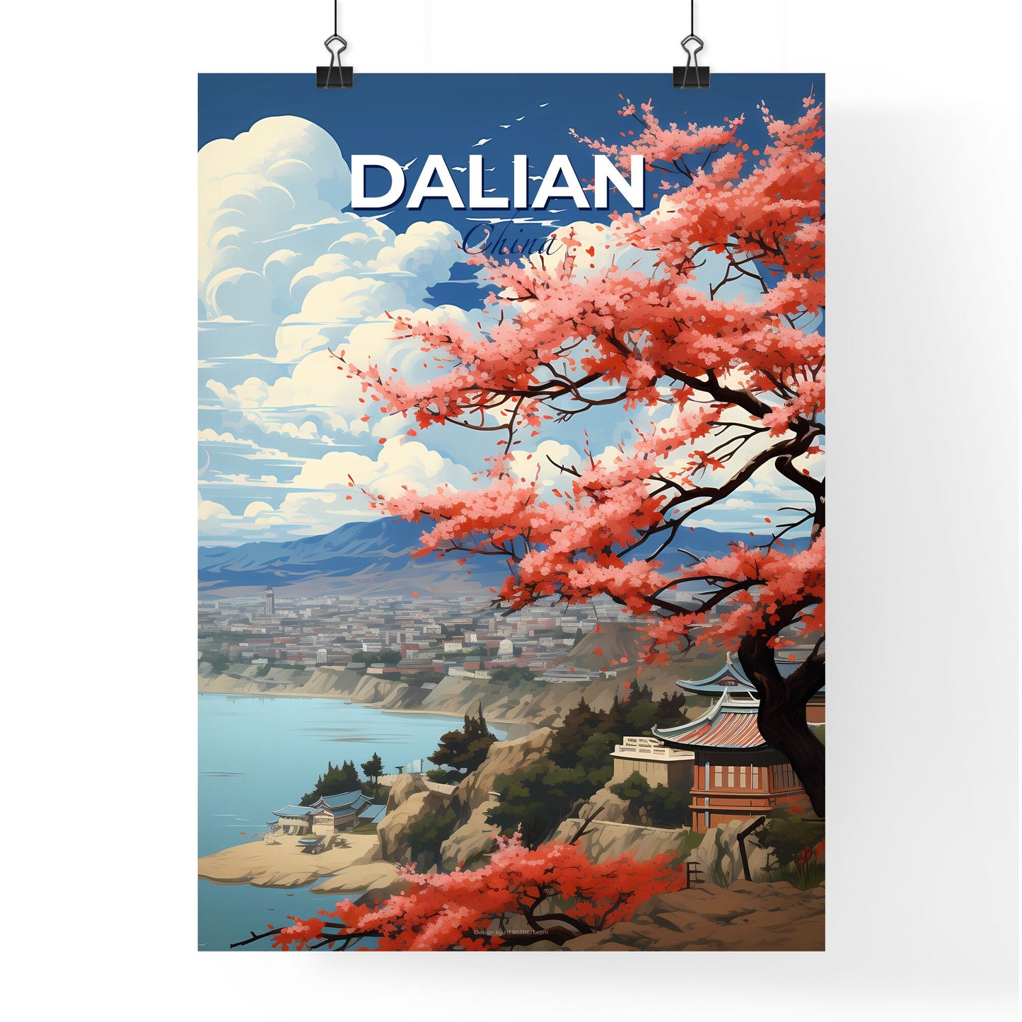 Dalian Cityscape Artistic Painting: Vibrant Skyline with Pink Blossoming Tree on Hillside Overlooking Water Default Title