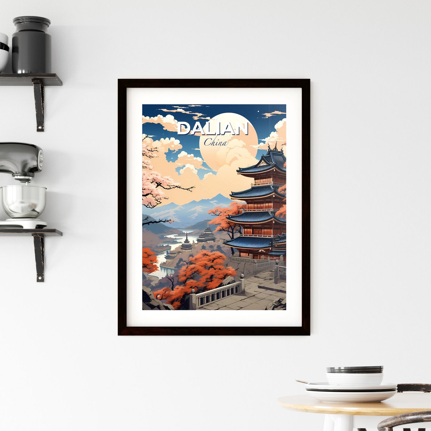 Vibrant Dalian China City Skyline Painting Focus Art Pagoda Building Trees River Background Default Title