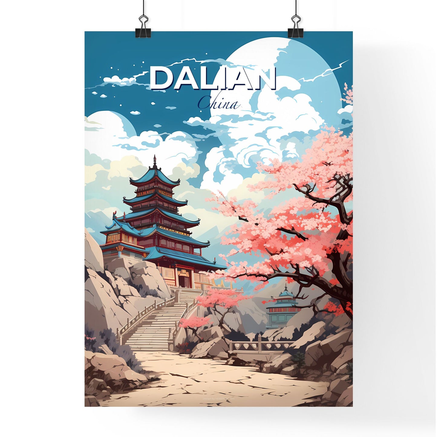 Dalian Skyline Watercolor Painting: Hilltop Building, Tree, and Cherry Blossom Default Title