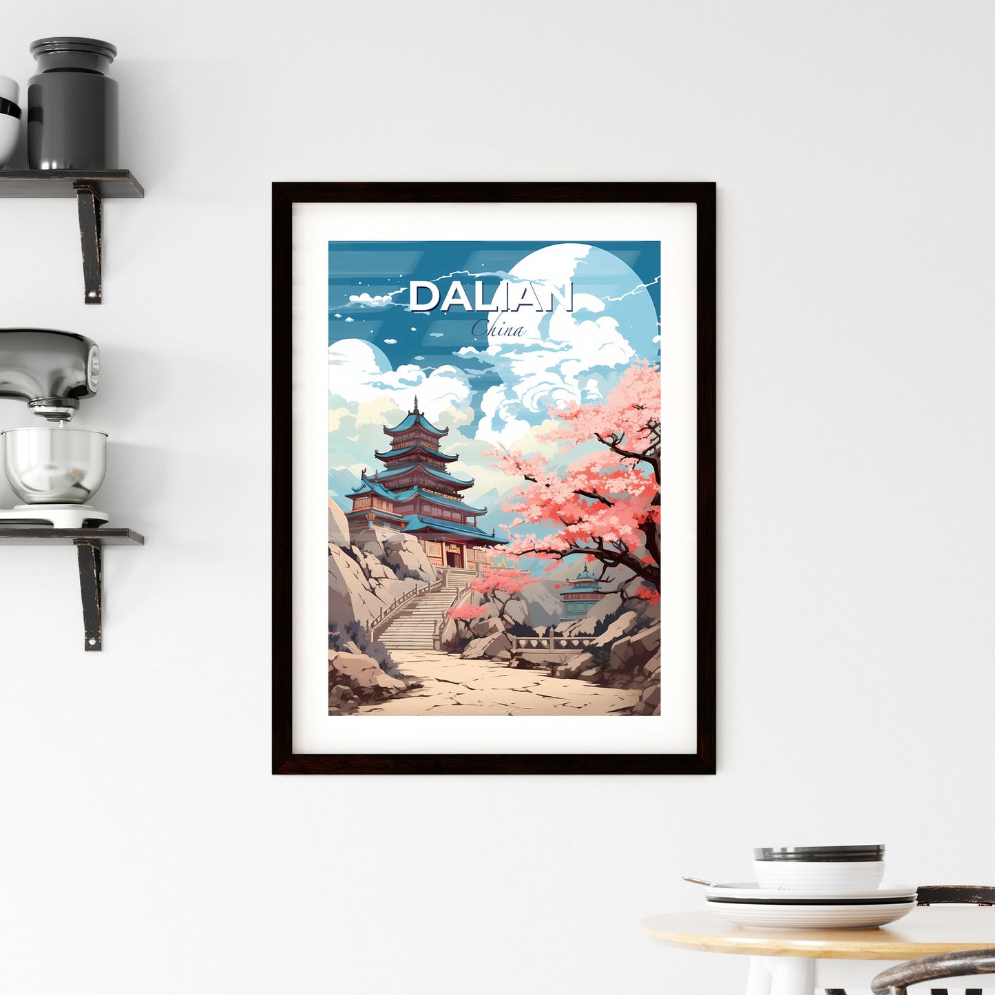 Dalian Skyline Watercolor Painting: Hilltop Building, Tree, and Cherry Blossom Default Title