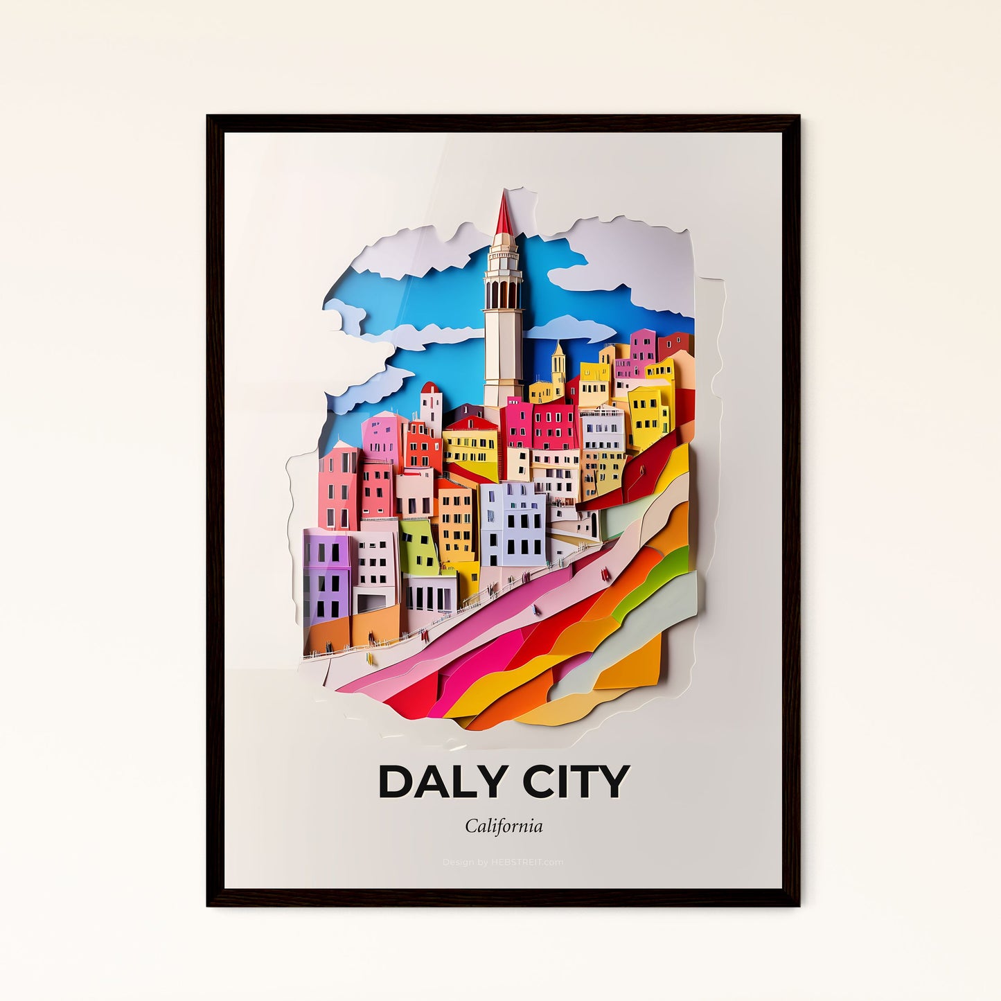 Vivid Daly City, California - a paper cut of a city with a clock tower