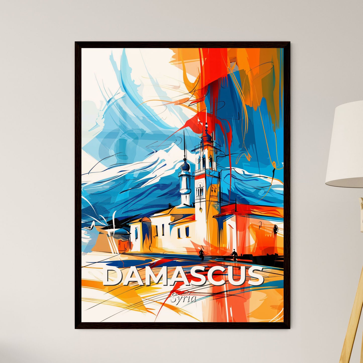 Vibrant Damascus, Syria - A Painting Of A Building With A Steeple And A Mountain In The Background