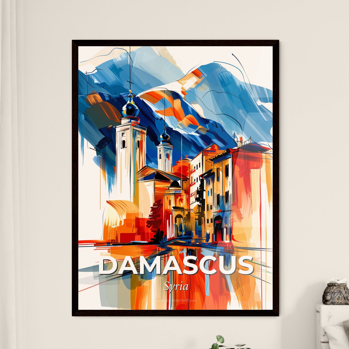 Vibrant Damascus, Syria - A Painting Of A Building With A Mountain In The Background