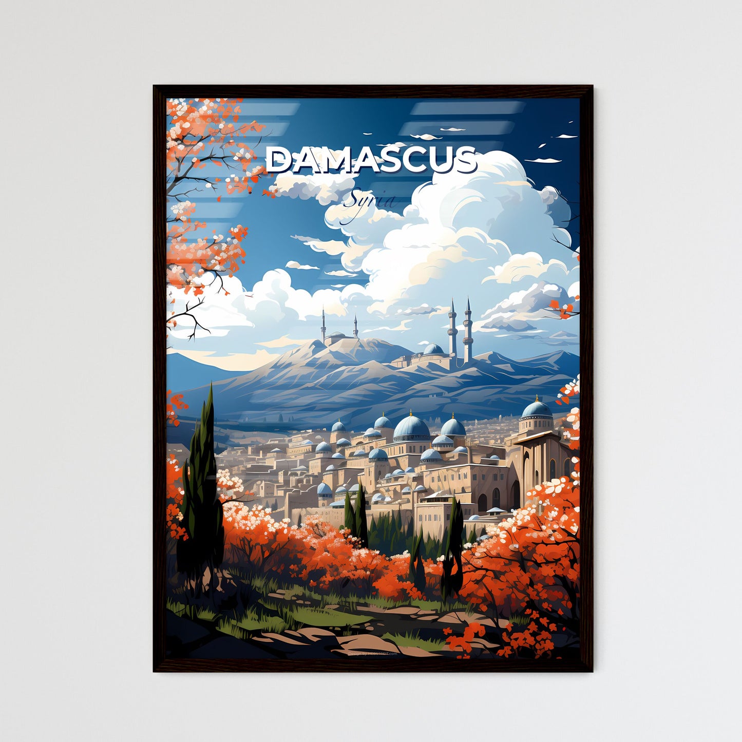 Painting of Damascus Syria City Skyline with Domes and Mountains Default Title