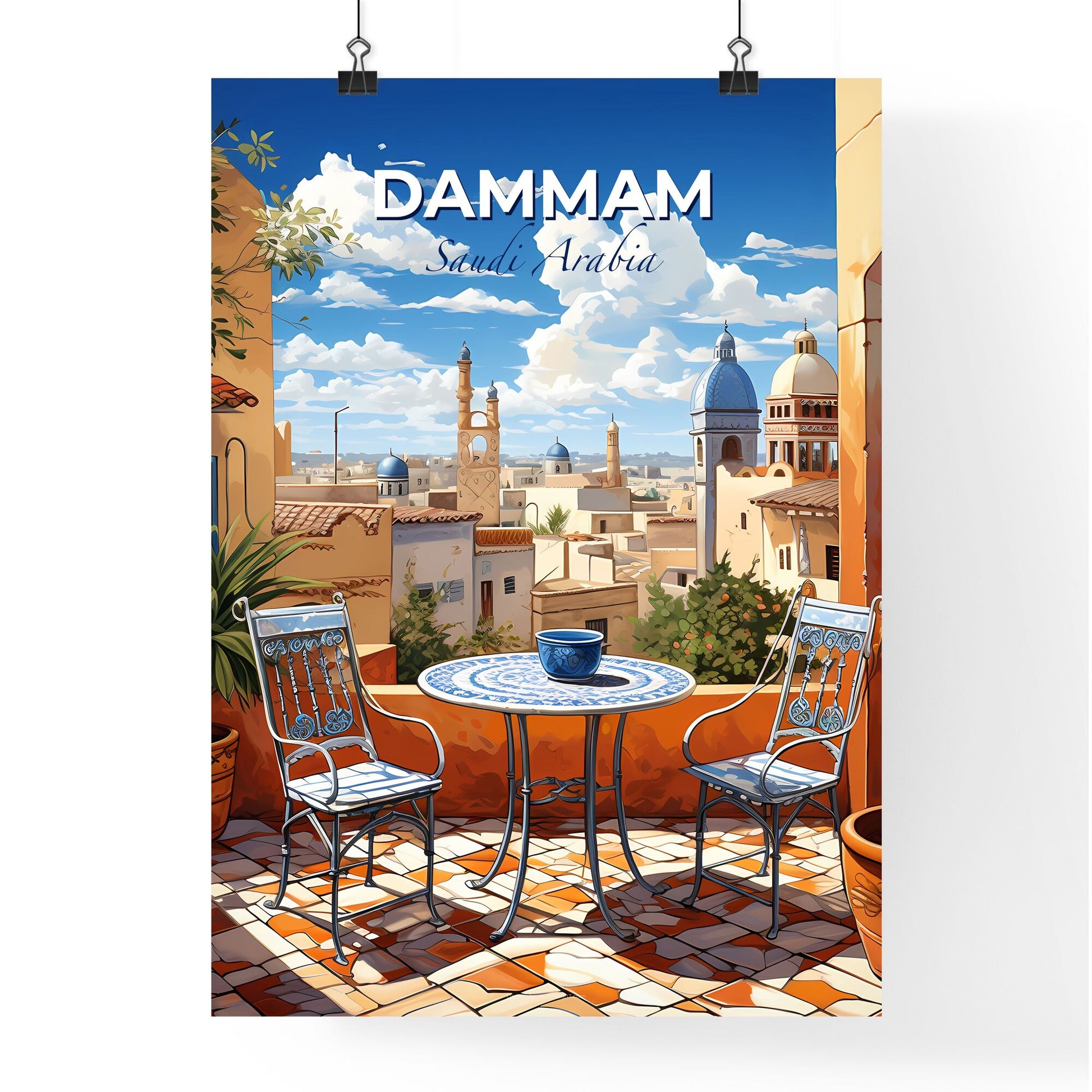 Vibrant Cityscape Painting - Table and Chairs on Patio with Dammam Skyline View Default Title