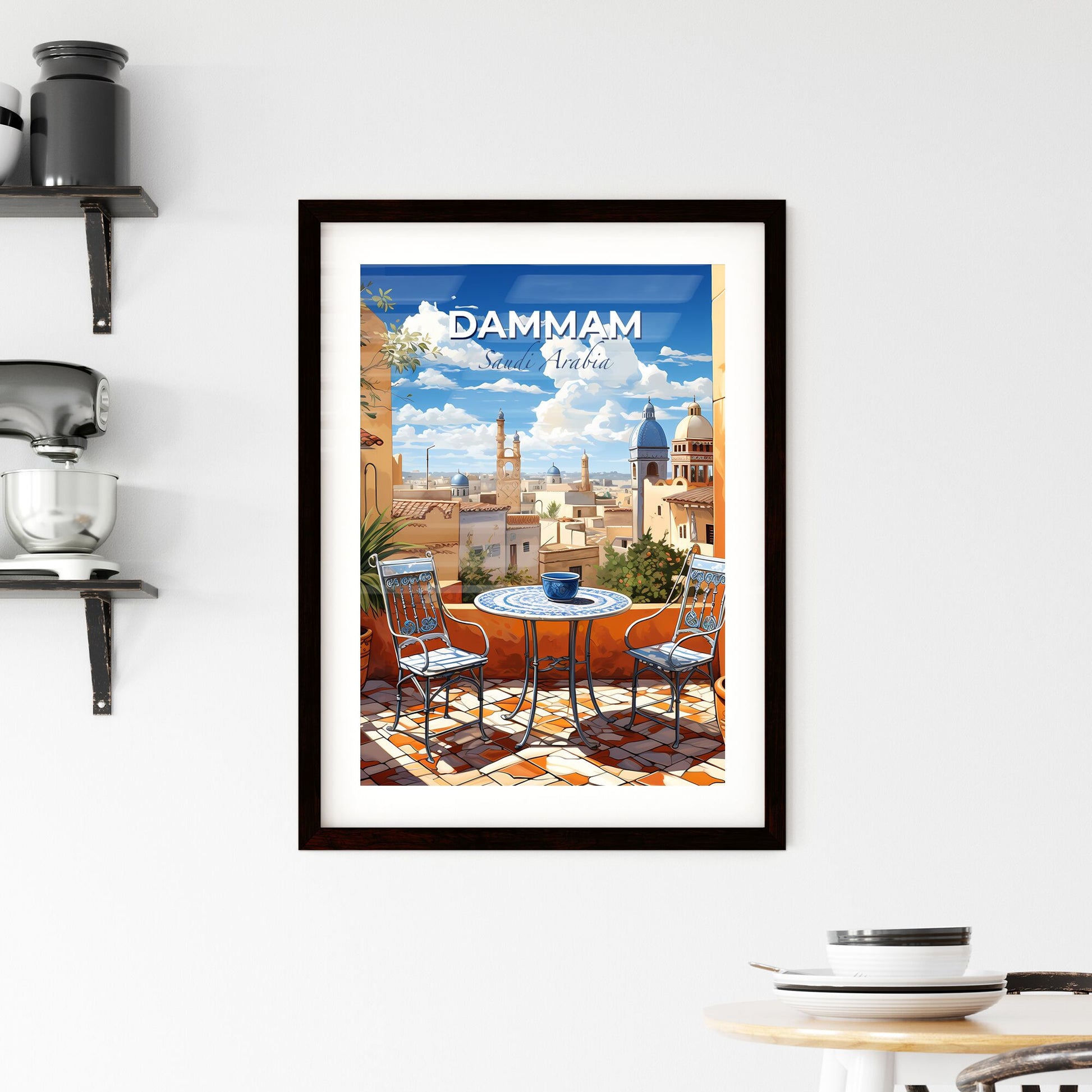 Vibrant Cityscape Painting - Table and Chairs on Patio with Dammam Skyline View Default Title