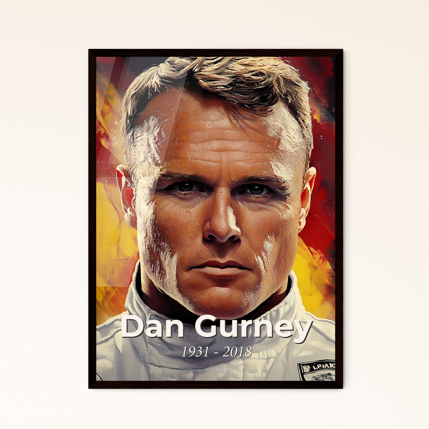 Portrait of Dan Gurney, 1931 - 2018. Impressionistic painting of a man in a white suit.