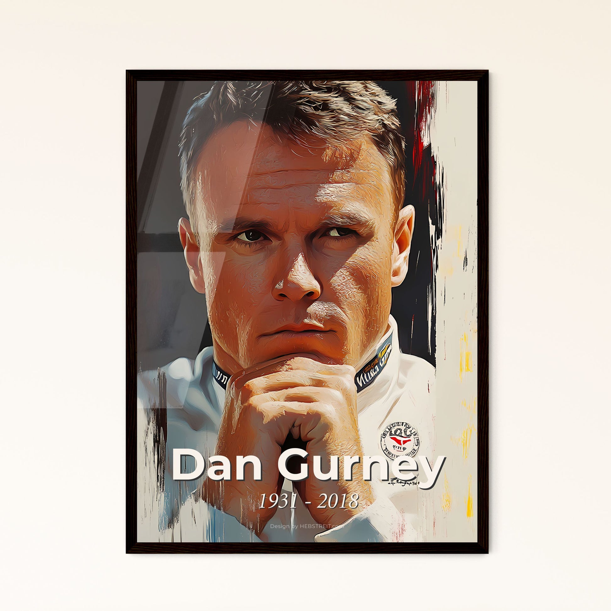 Portrait of Dan Gurney, 1931 - 2018. Impressionistic painting of a man with his hands on his chin.