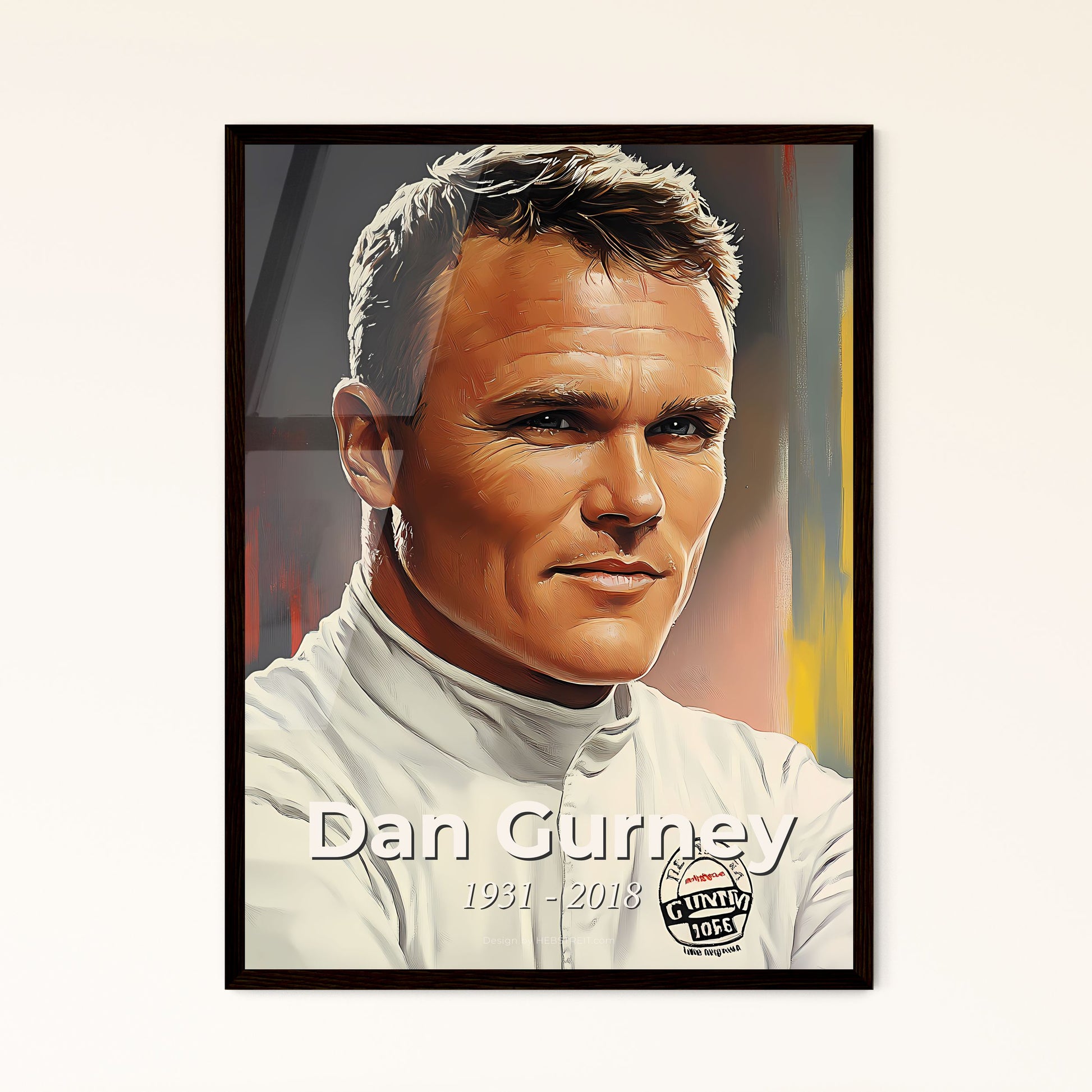 Portrait of Dan Gurney, 1931 - 2018. Impressionistic painting of a man in a white shirt.