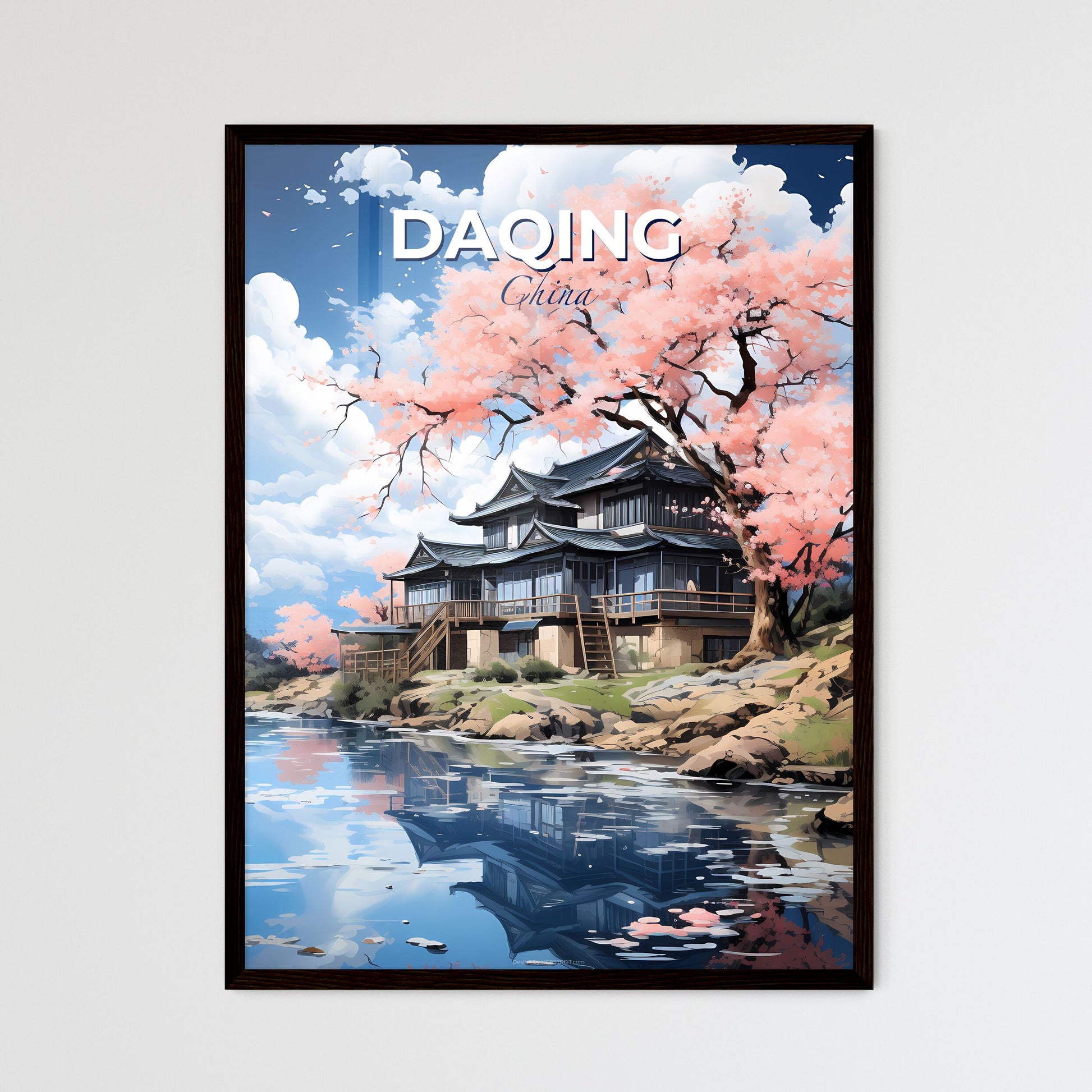 Daqing China Skyline Art Painting House Waterside Vibrant Canvas Contemporary Home Decor Asian Landscape Default Title