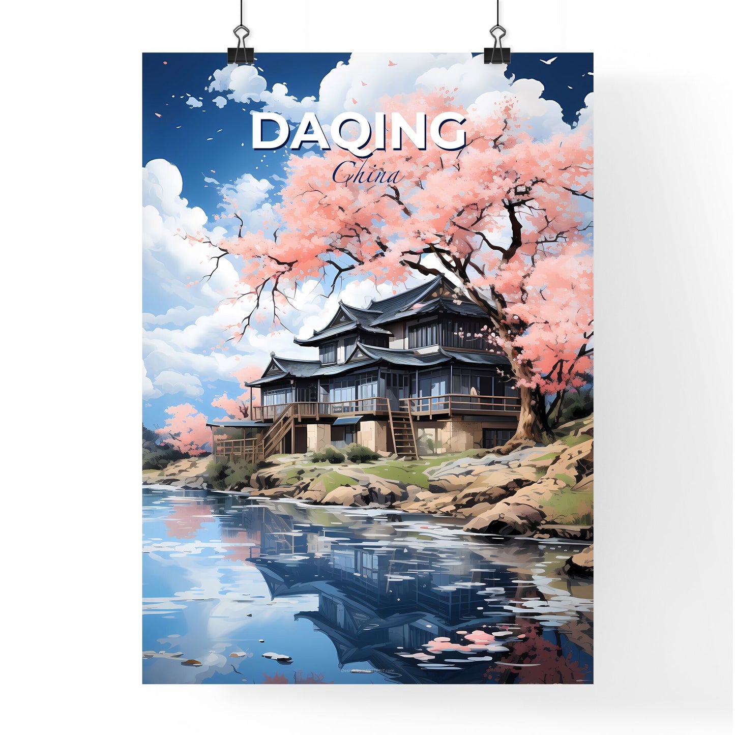 Daqing China Skyline Art Painting House Waterside Vibrant Canvas Contemporary Home Decor Asian Landscape Default Title