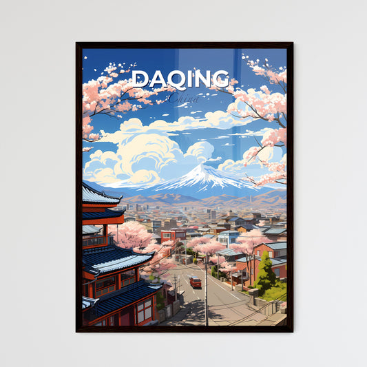 Vibrant Painting of Daqing Skyline with Cherry Blossoms and a Mountain Default Title