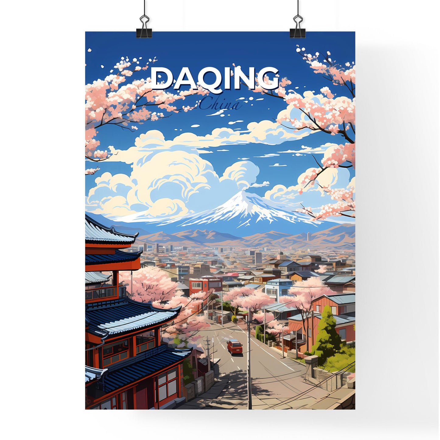 Vibrant Painting of Daqing Skyline with Cherry Blossoms and a Mountain Default Title