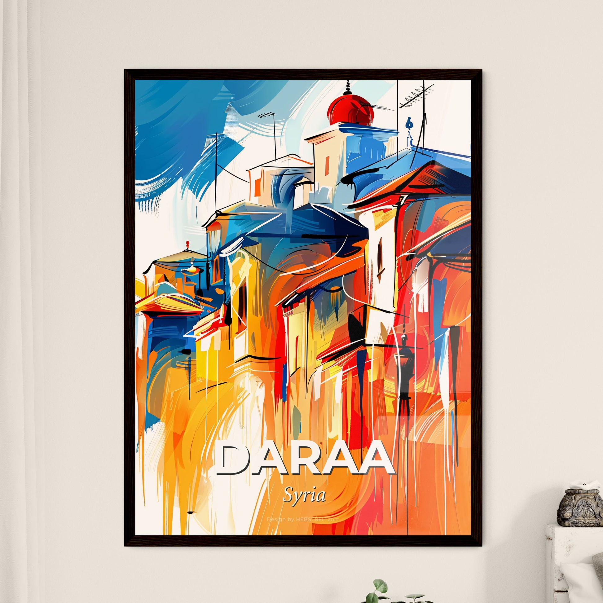 Vibrant Daraa, Syria - A Painting Of Buildings With Blue And Orange Colors