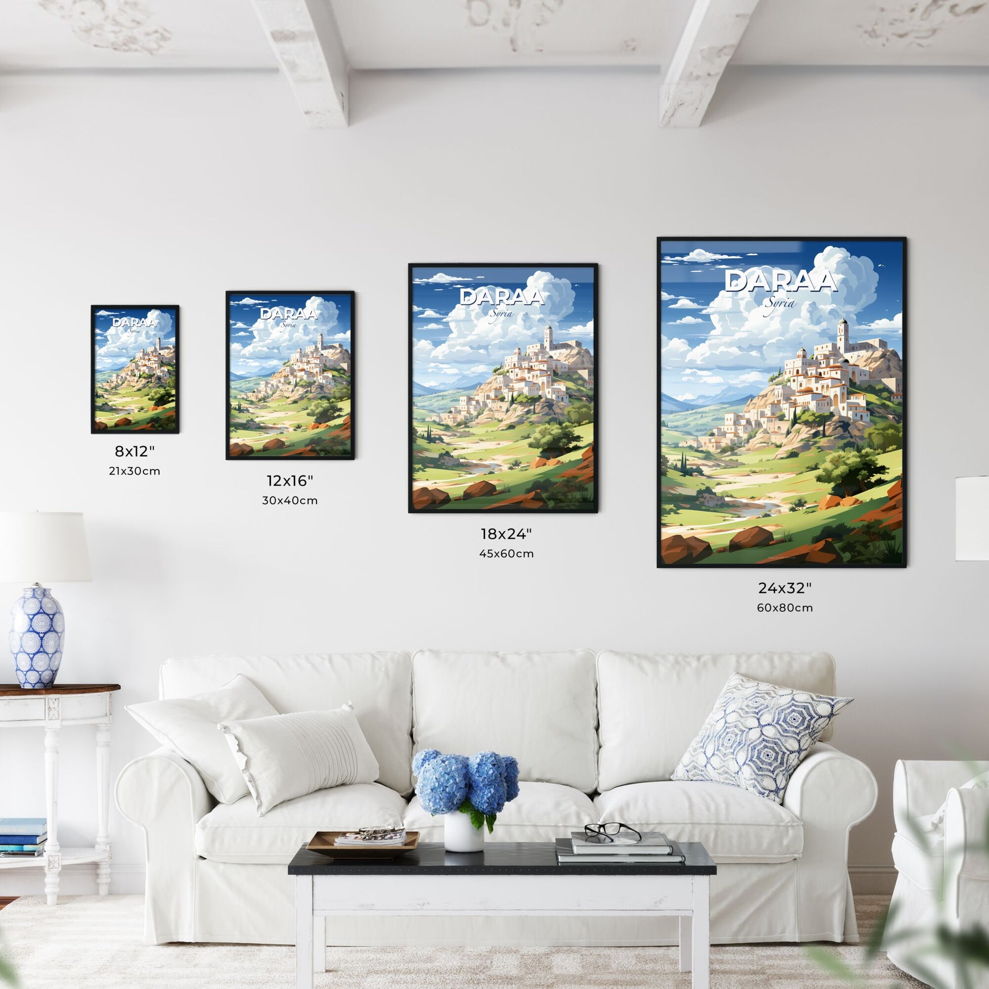 Vibrant Art Painting of a Skyline Landscape in Daraa, Syria with a Hilltop Town Focus Default Title