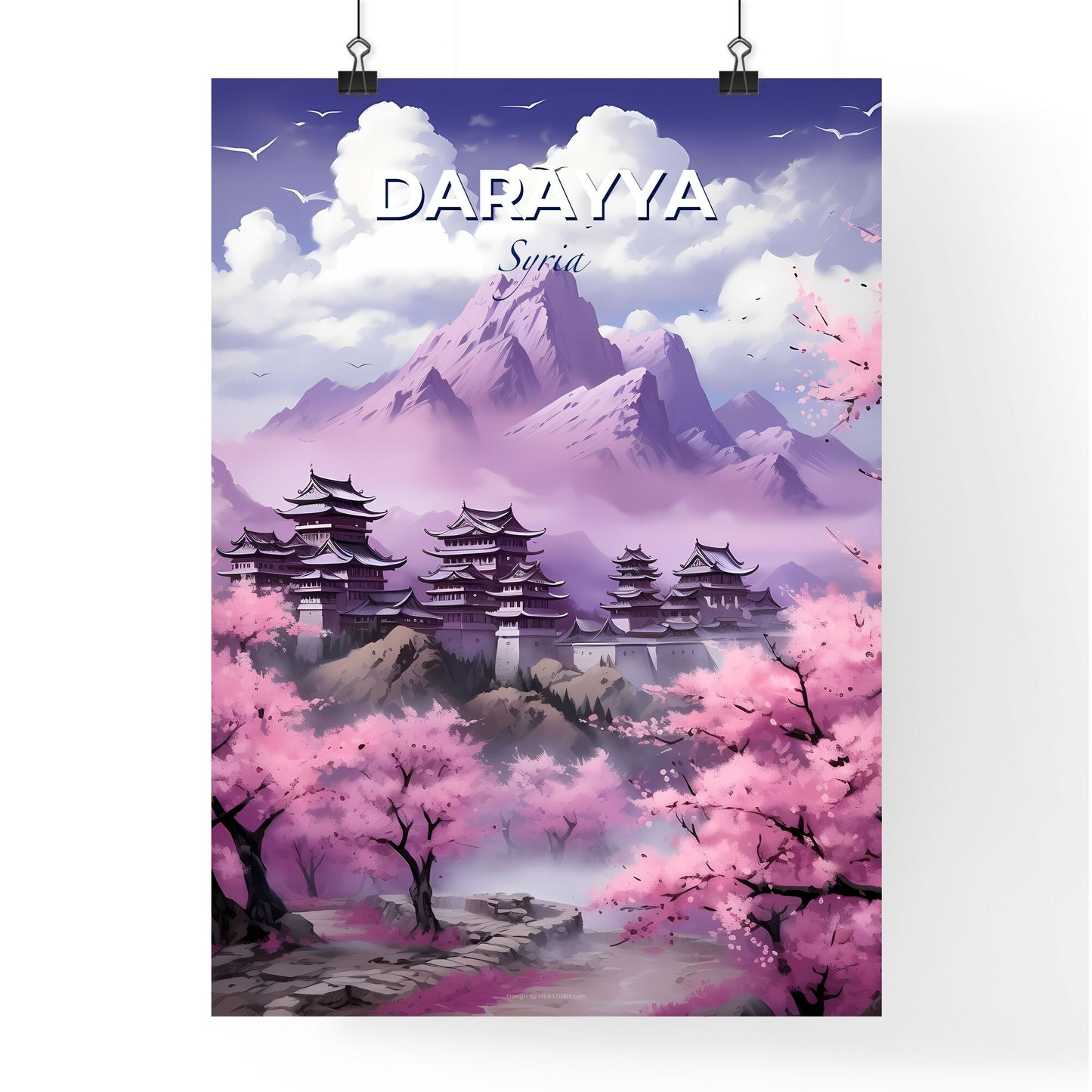 Vibrant Modern Painting - Acrylic Mountain Landscape with Pink Flowers Default Title