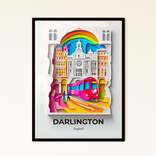 Vivid Darlington, England - a paper cut of a train going down the tracks