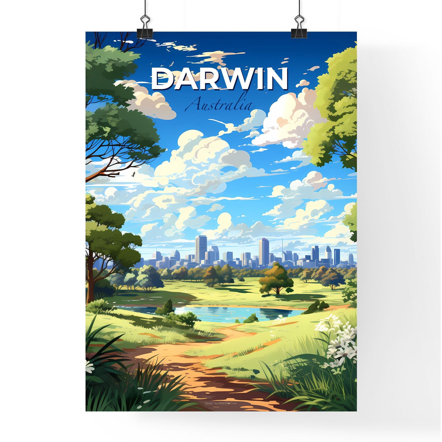 Landscape Painting of Darwin Australia City Skyline with River and Trees Default Title