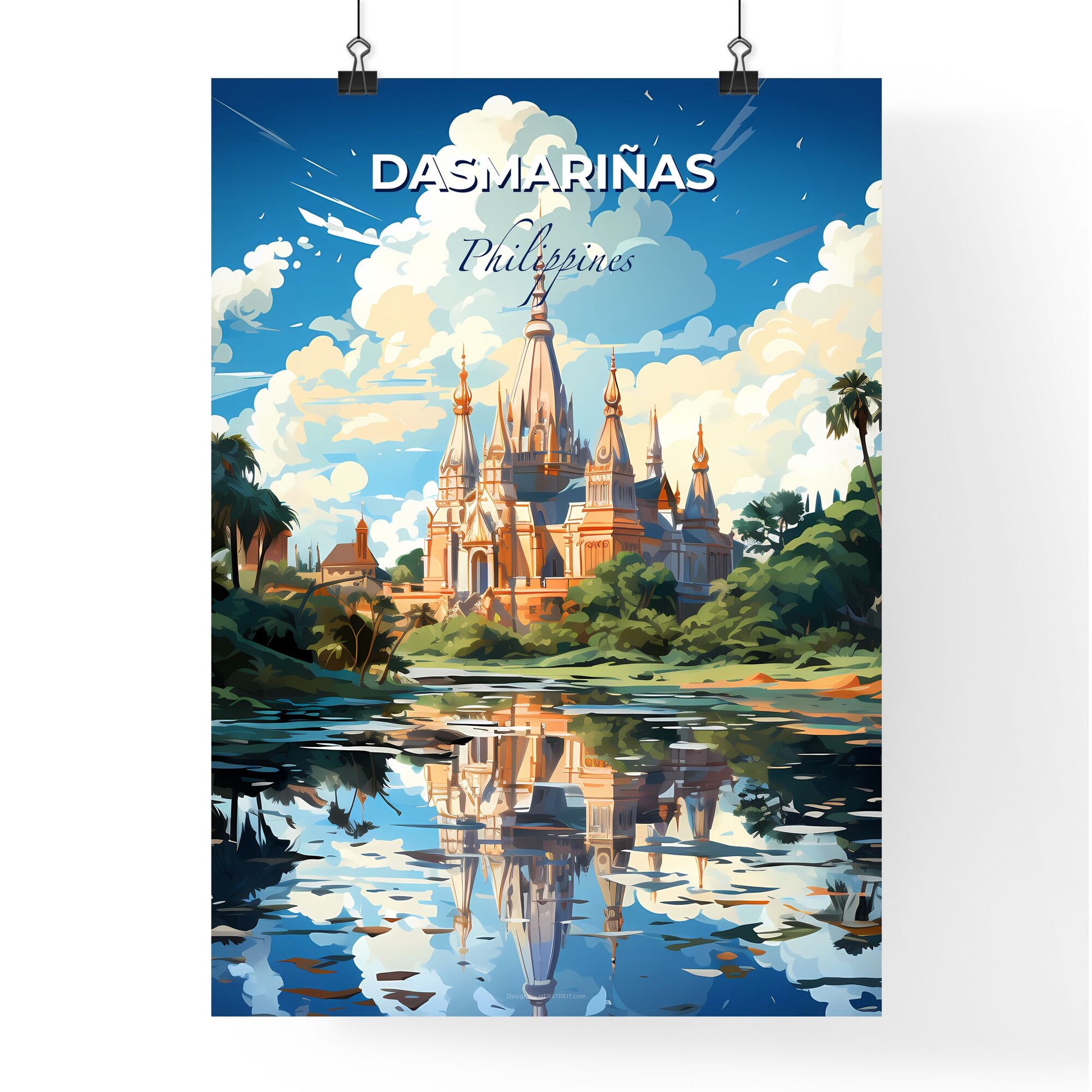 Painting of Dasmariñas Philippines Skyline with Castle, Trees, and Water Default Title