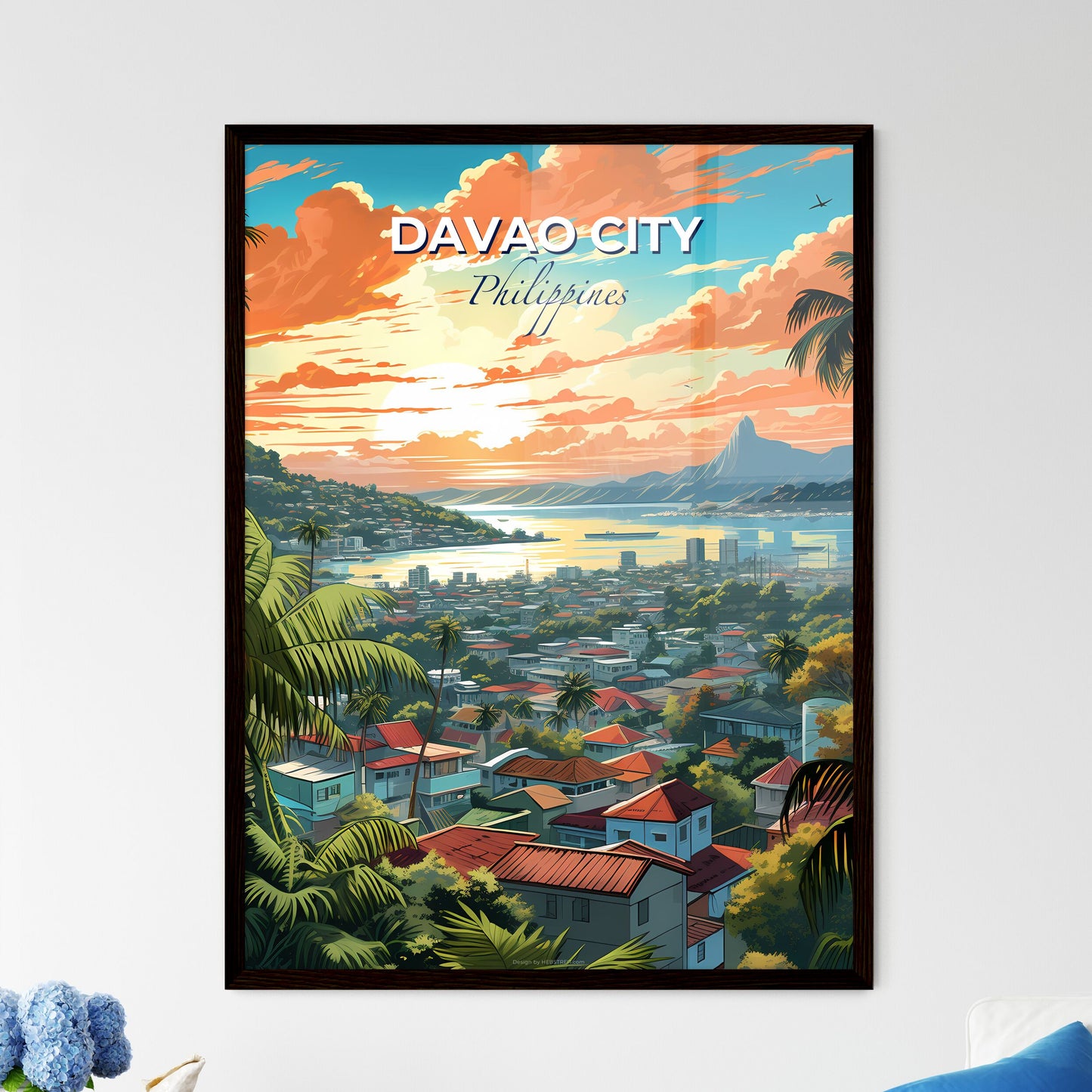 Vibrant Davao City Philippines Skyline cityscape painting with trees and water Default Title