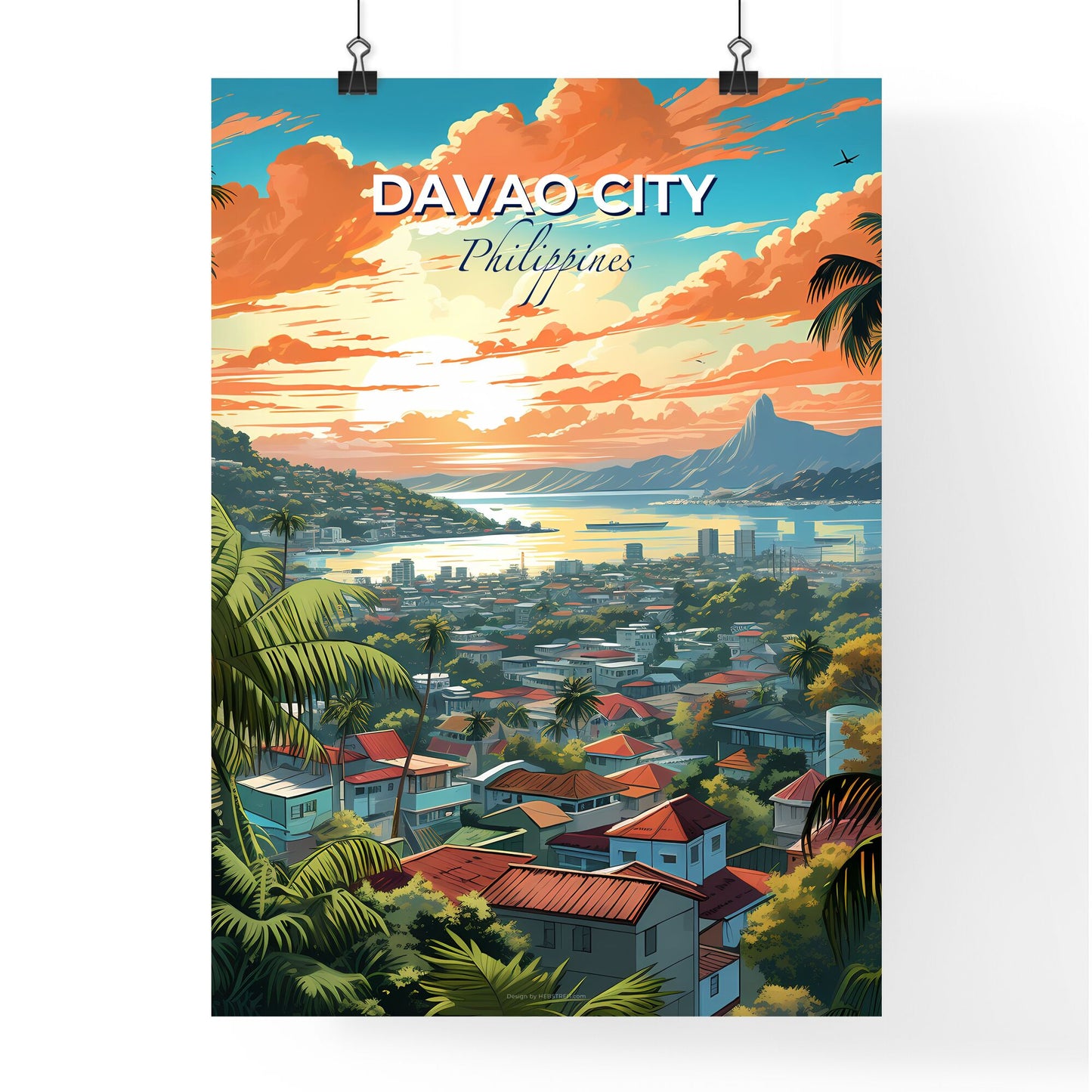 Vibrant Davao City Philippines Skyline cityscape painting with trees and water Default Title