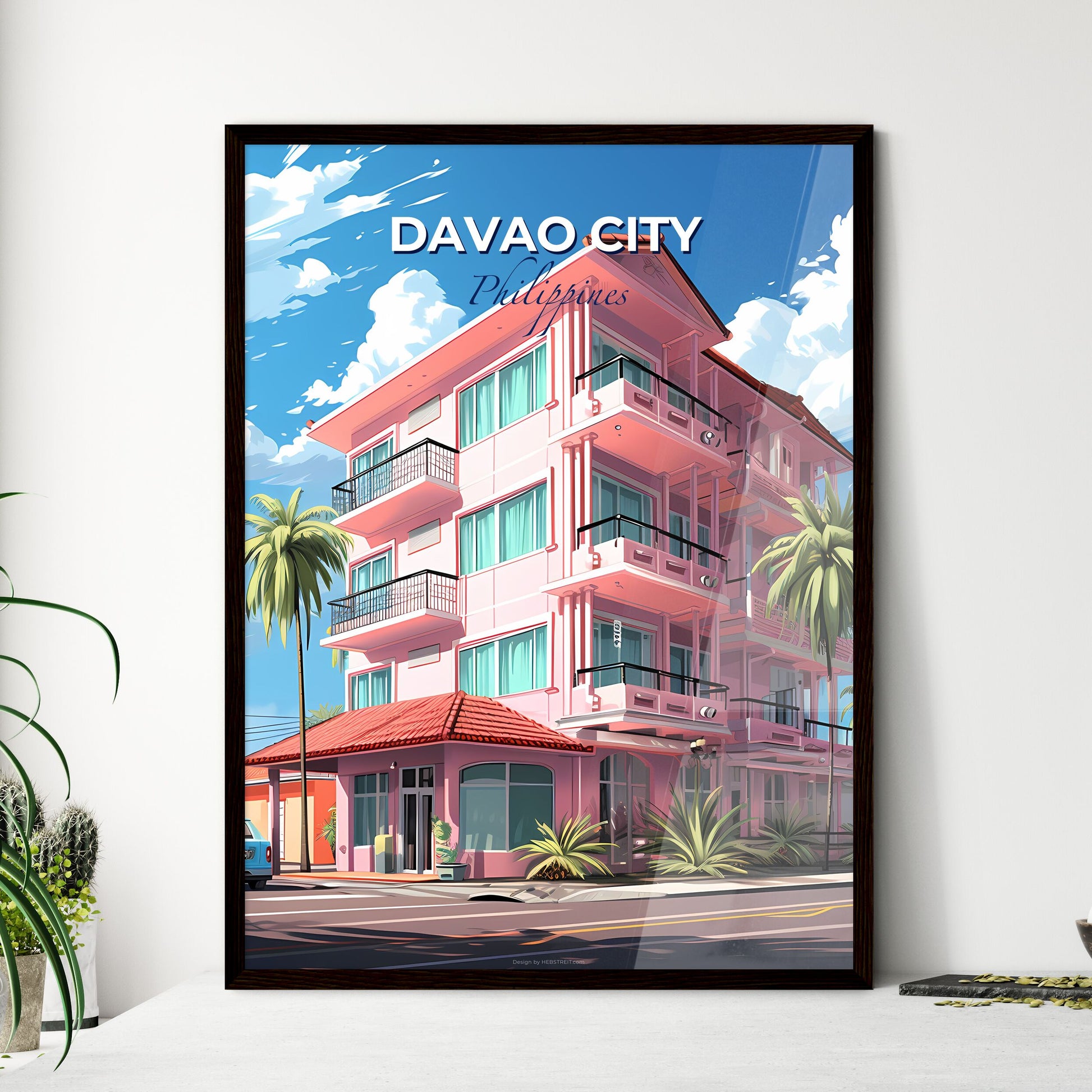 Artistic Pink Building with Palm Trees and Car in Davao City Philippines Skyline Default Title