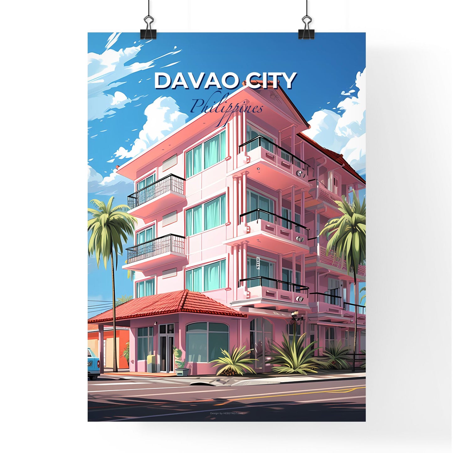 Artistic Pink Building with Palm Trees and Car in Davao City Philippines Skyline Default Title