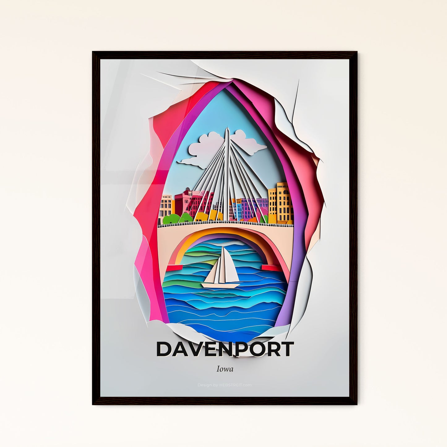 Vivid Davenport, Iowa - a paper cut of a bridge over a river